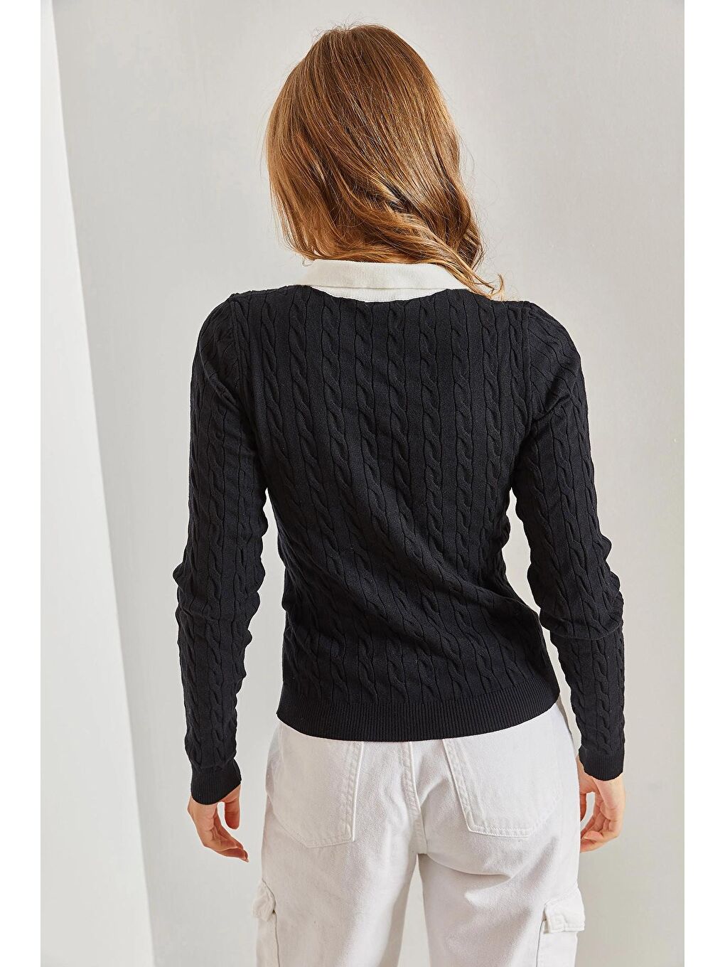 Siyah Kadın Gömlek Yaka Saç Örgülü Kazak-2