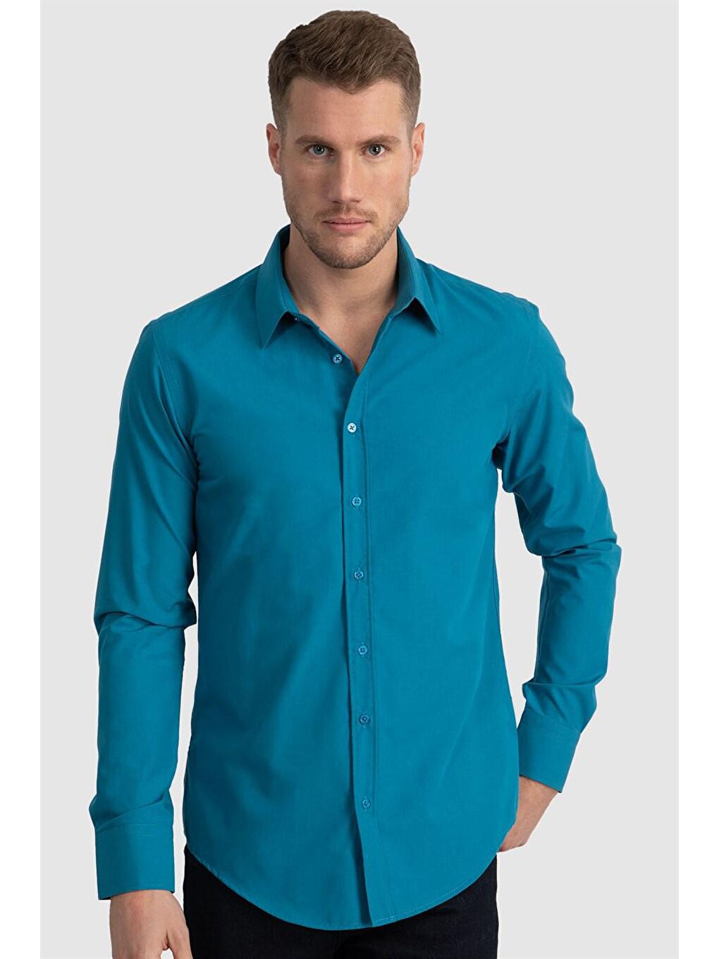 Erkek Slim Fit Dar Kesim Pamuklu Terry Pamuk Kumaş Kolay Ütü Petrol Gömlek