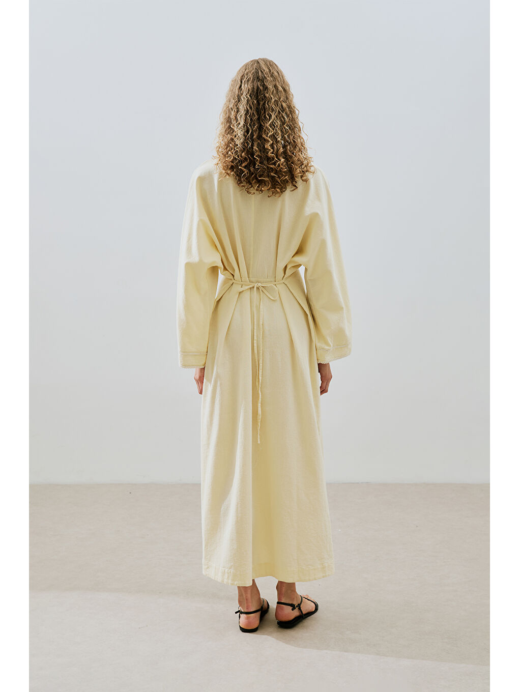 Dokulu Şerit Detaylı Elbise Sarı-5