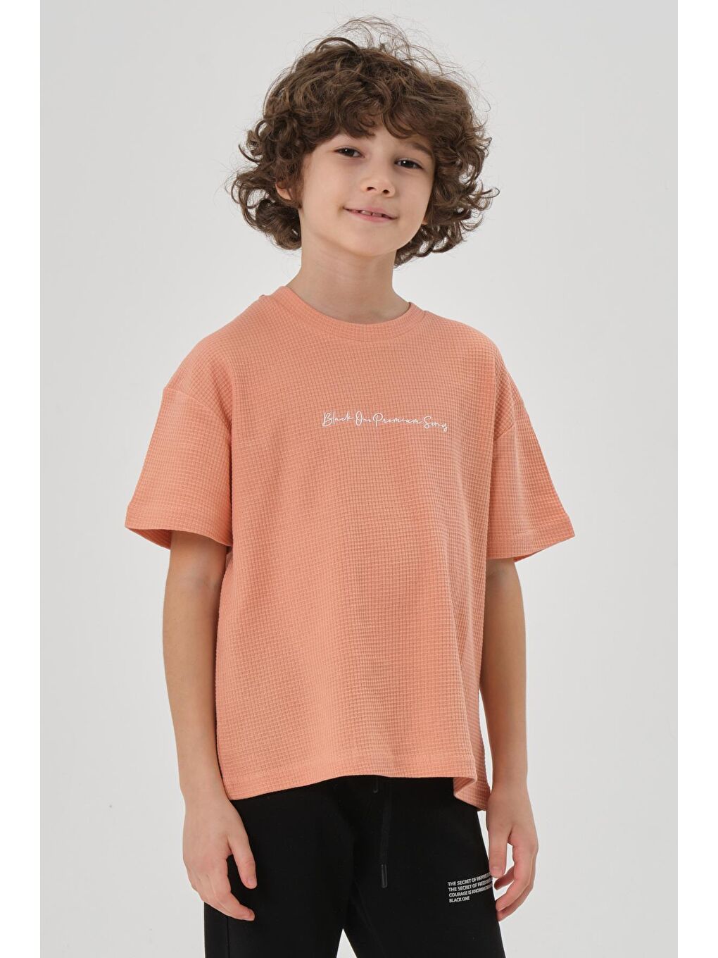 Turuncu Erkek Çocuk Waffle Kumaş Yazlık T-Shırt-1