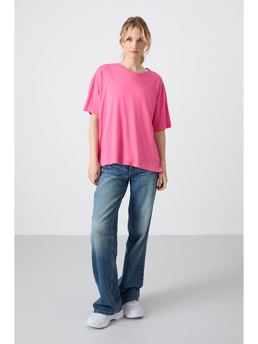 Şeker Pembe Penye Modal Yumuşak Tuşeli Oversize Fit Basic Kadın Tişört- 97285-2