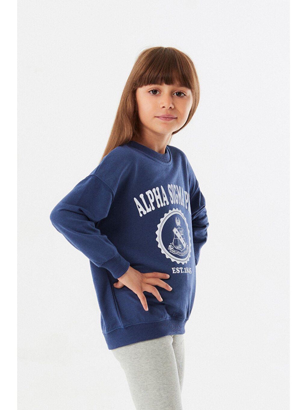 İndigo Baskılı Bisiklet Yaka Kız Çocuk Sweatshirt