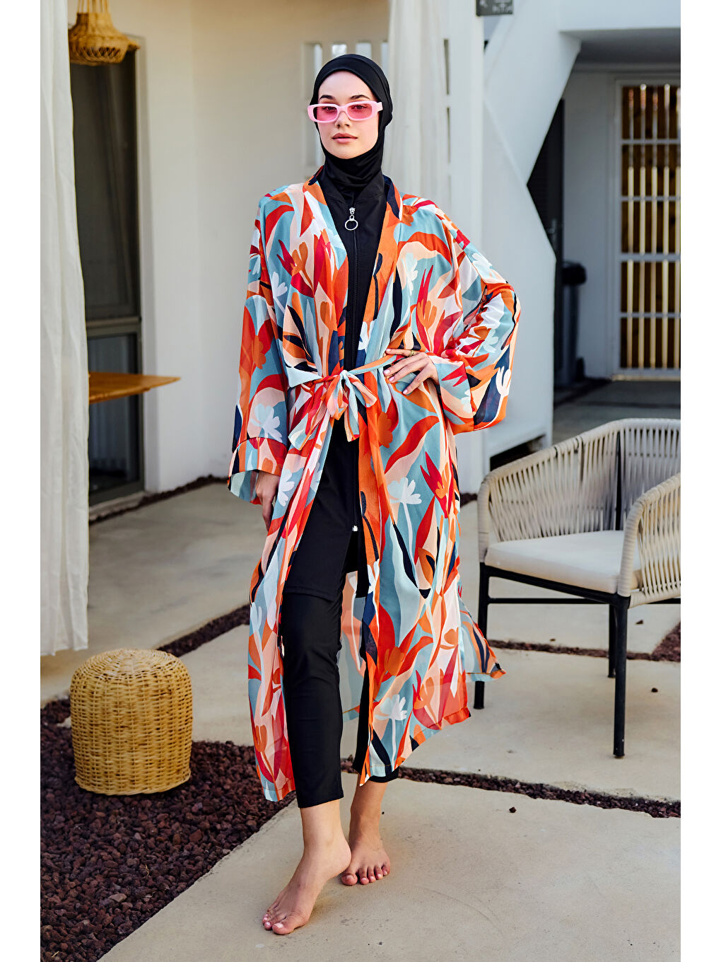 Remsa Tesettür Mayo Üzerine Tek Kaftan Kimono Pareo Turuncu RP027 Lotus