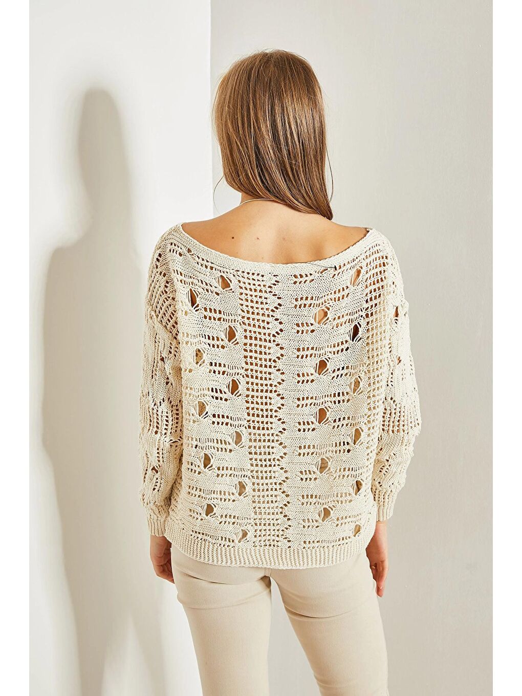 Ekru Kadın Mevsimlik Ajurlu Triko Kazak-1