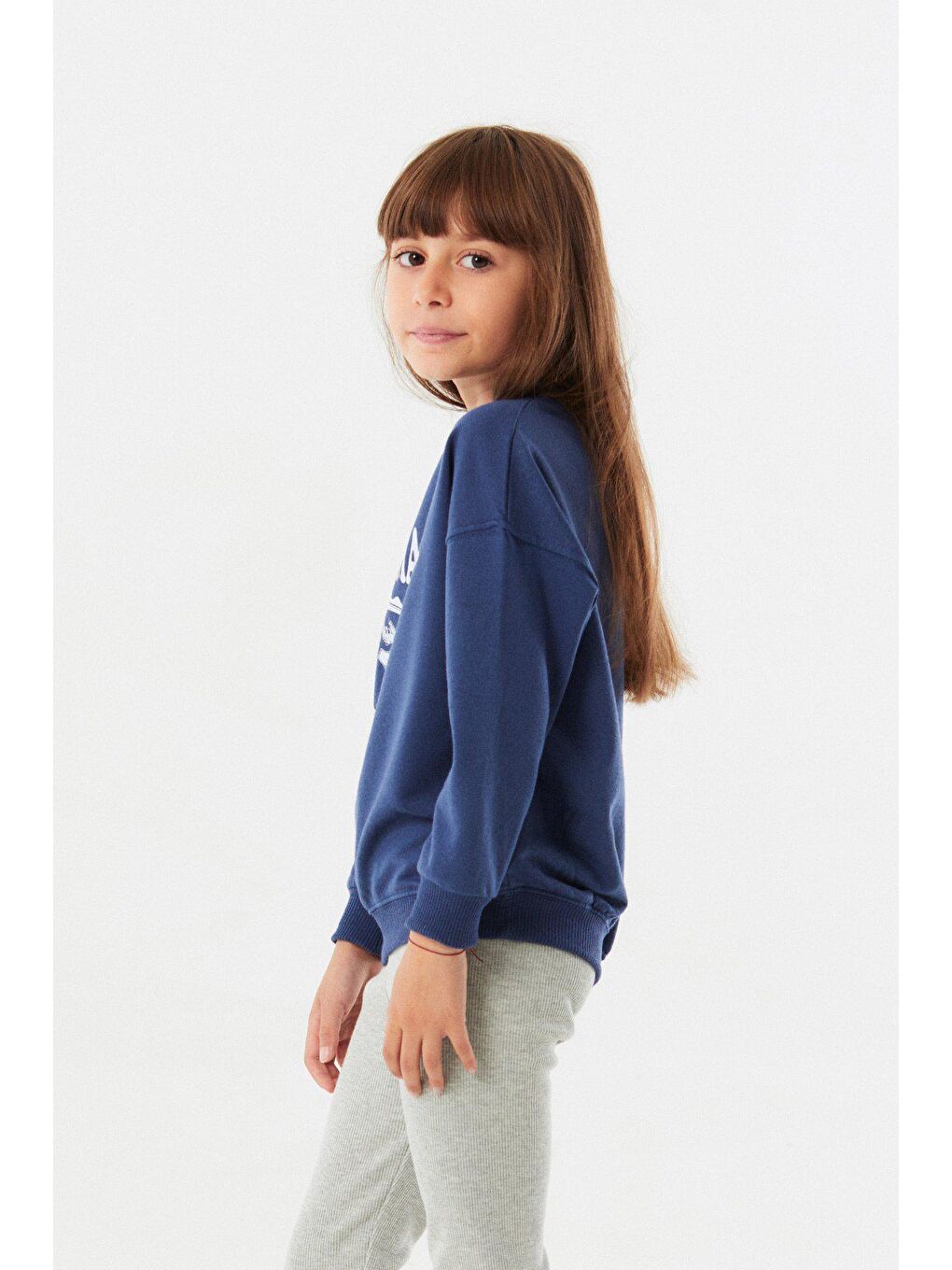 İndigo Baskılı Bisiklet Yaka Kız Çocuk Sweatshirt-2