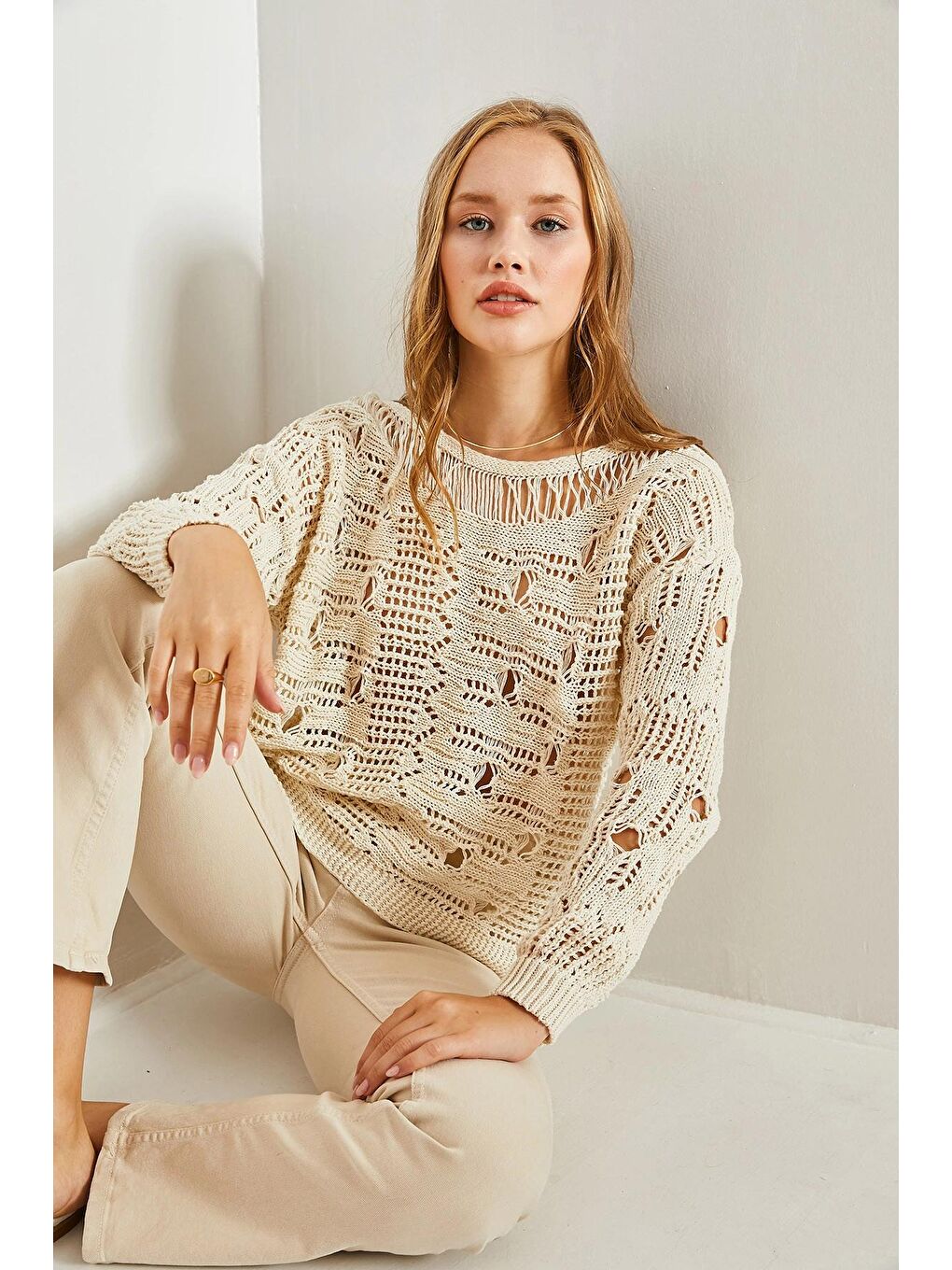 Ekru Kadın Mevsimlik Ajurlu Triko Kazak-2