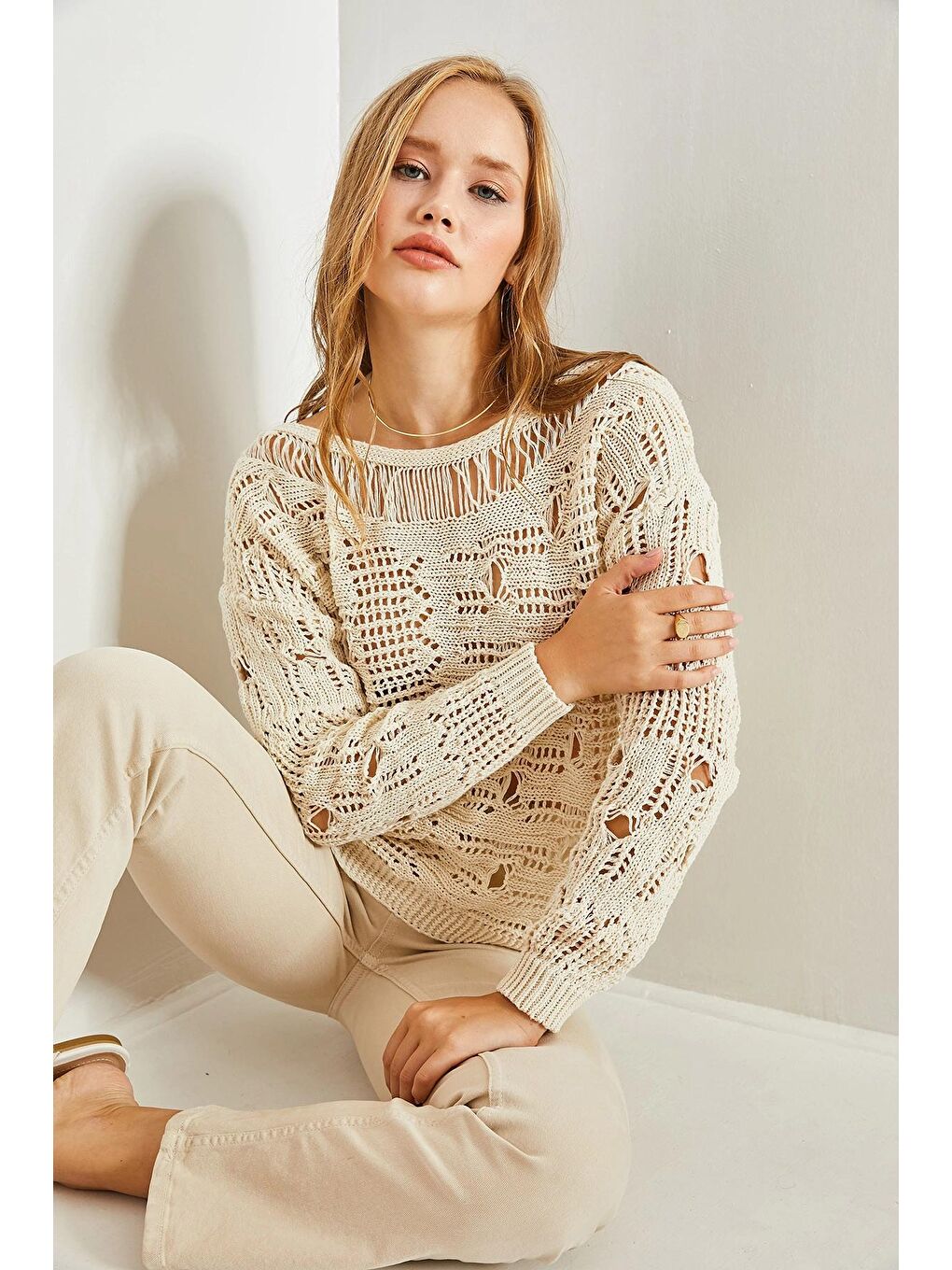 Ekru Kadın Mevsimlik Ajurlu Triko Kazak-3