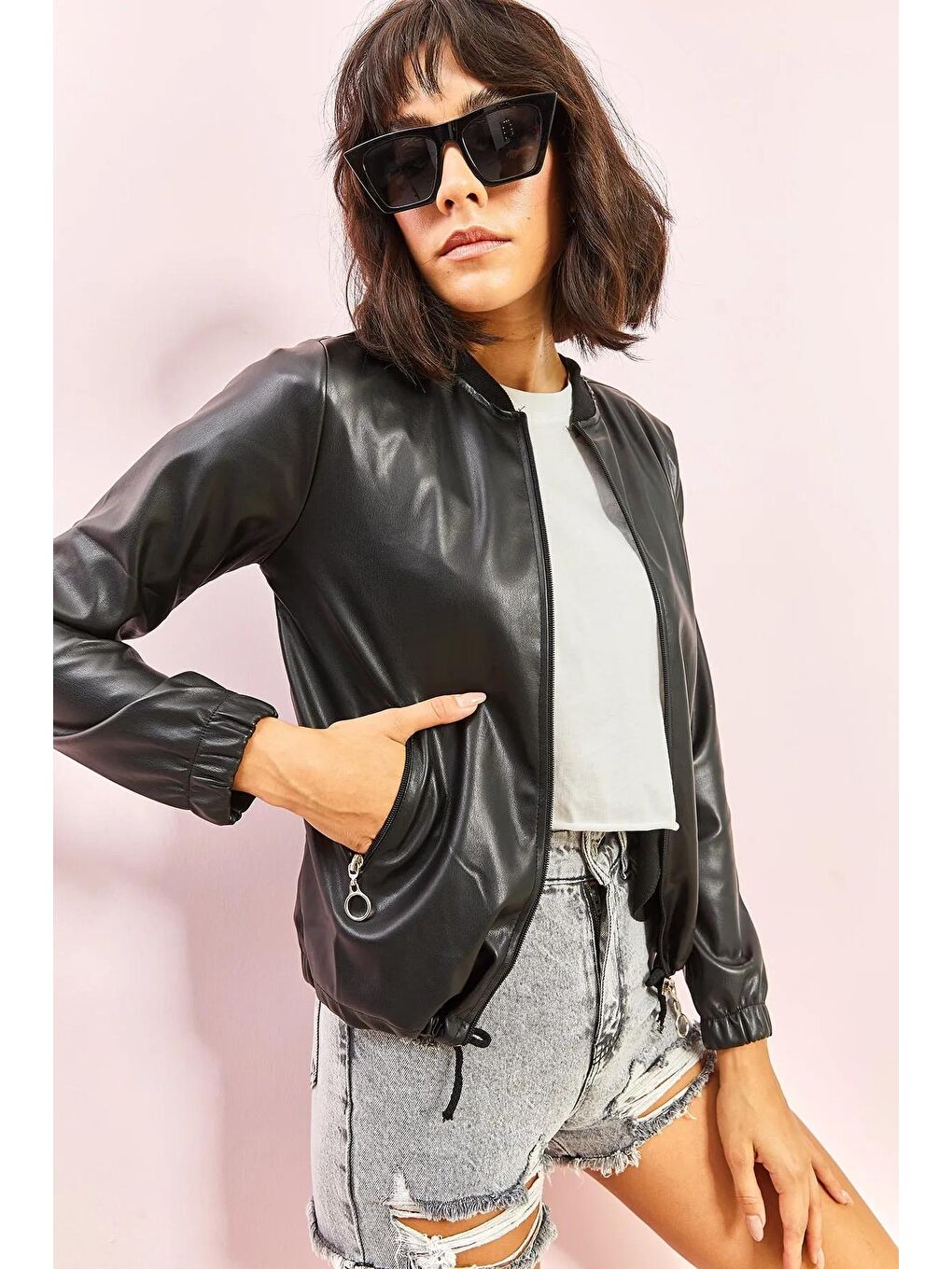 Siyah Kadın Cepli Deri Ceket-2