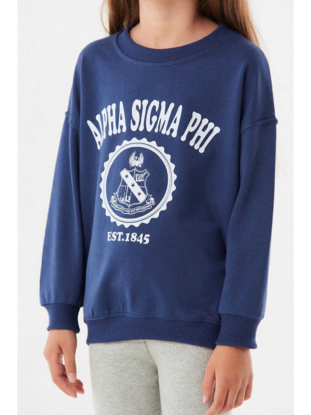 İndigo Baskılı Bisiklet Yaka Kız Çocuk Sweatshirt-3