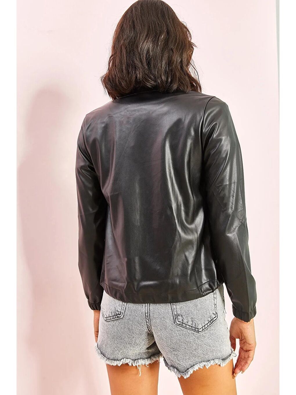 Siyah Kadın Cepli Deri Ceket-3