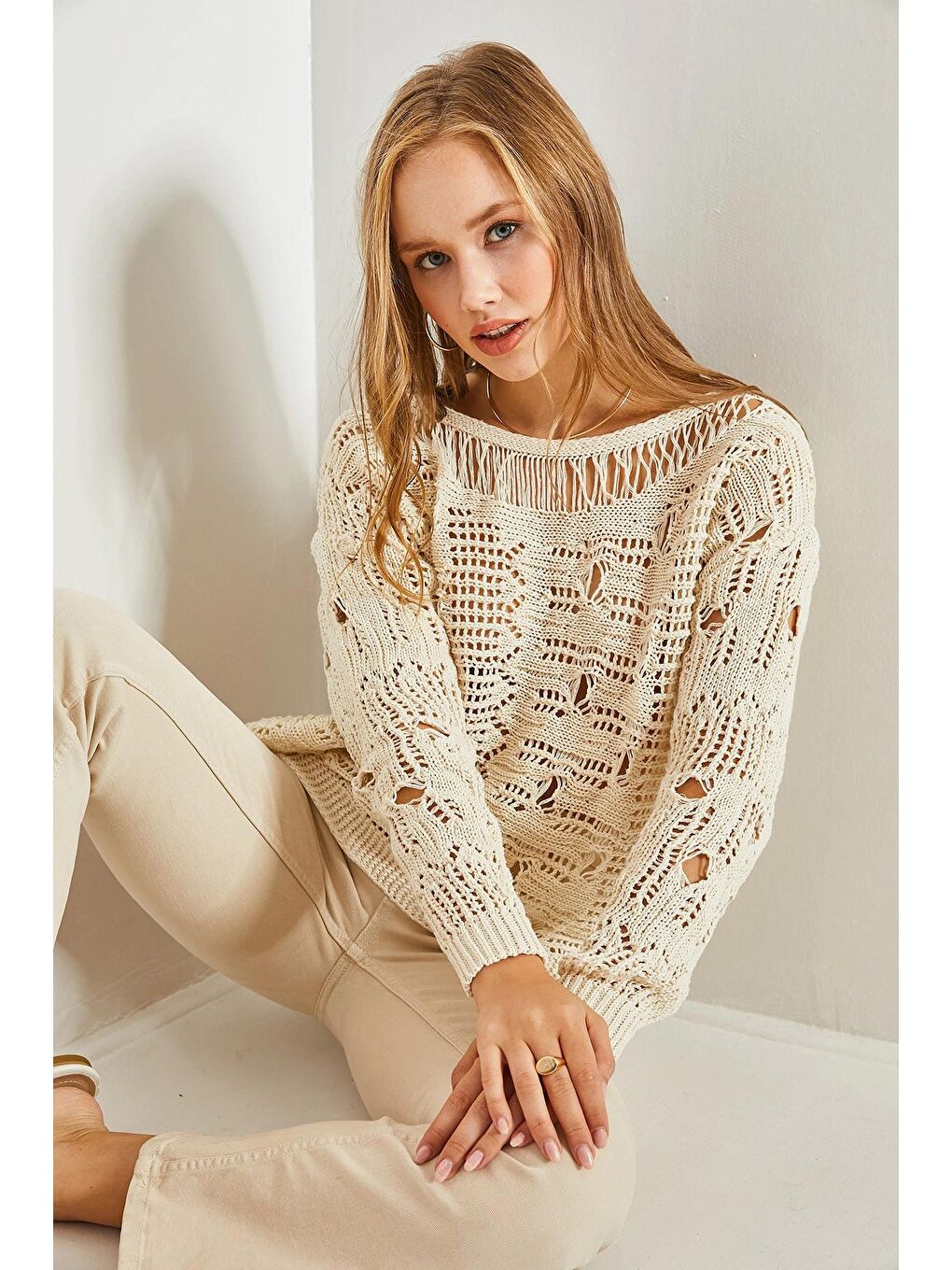 Ekru Kadın Mevsimlik Ajurlu Triko Kazak-4