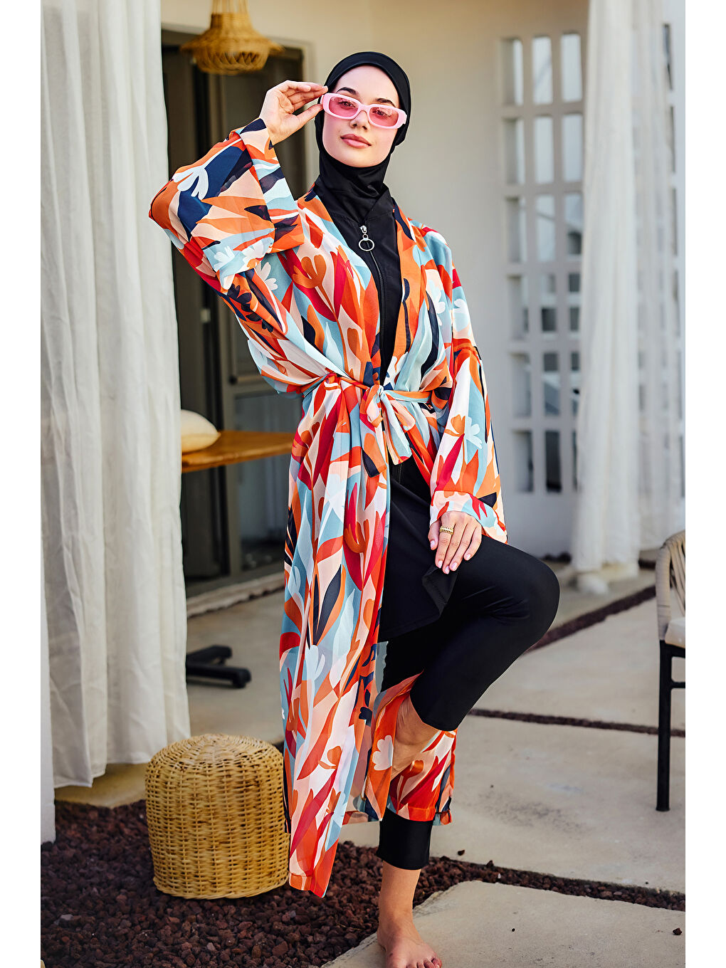 Remsa Tesettür Mayo Üzerine Tek Kaftan Kimono Pareo Turuncu RP027 Lotus-1