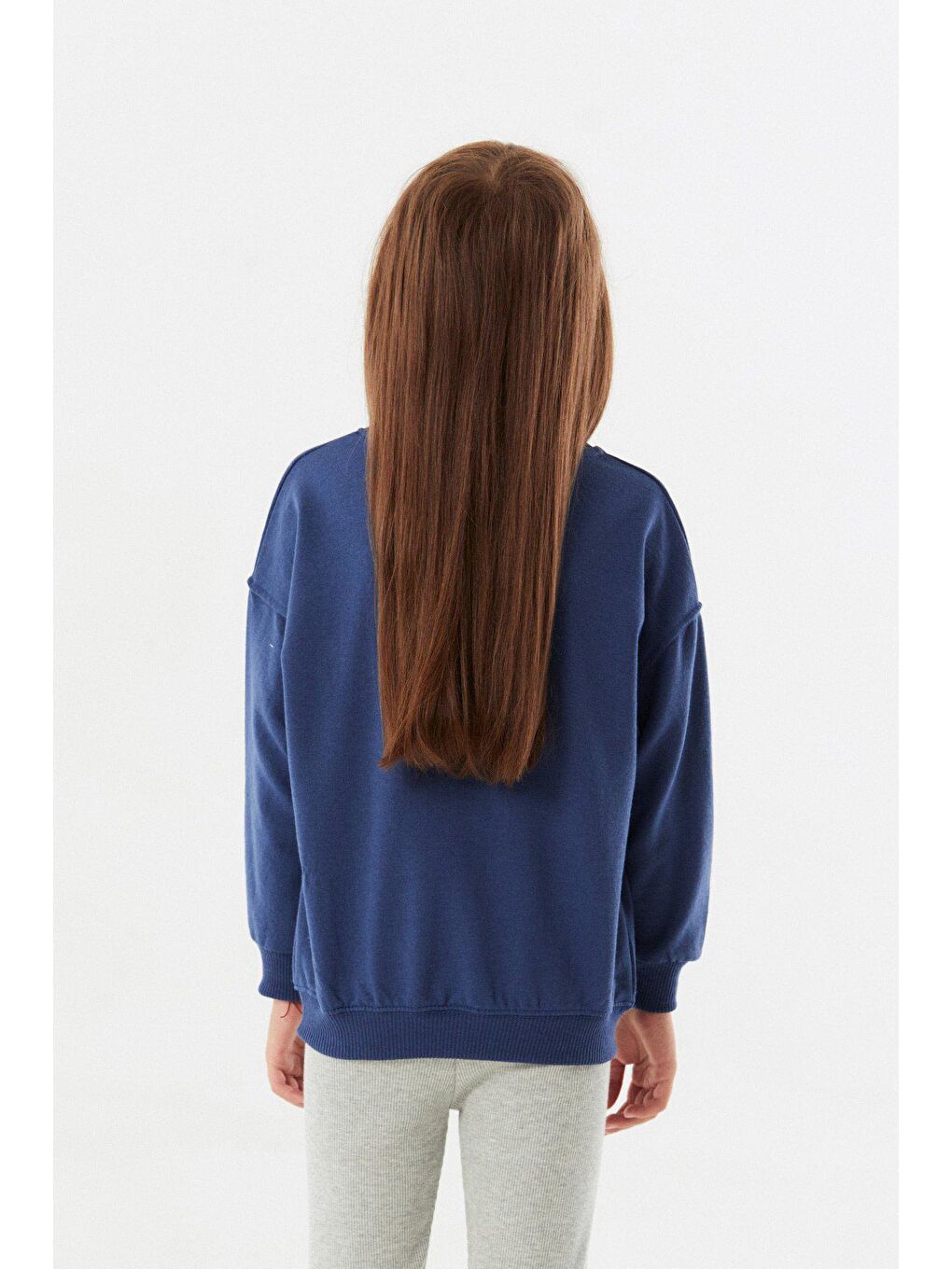 İndigo Baskılı Bisiklet Yaka Kız Çocuk Sweatshirt-4