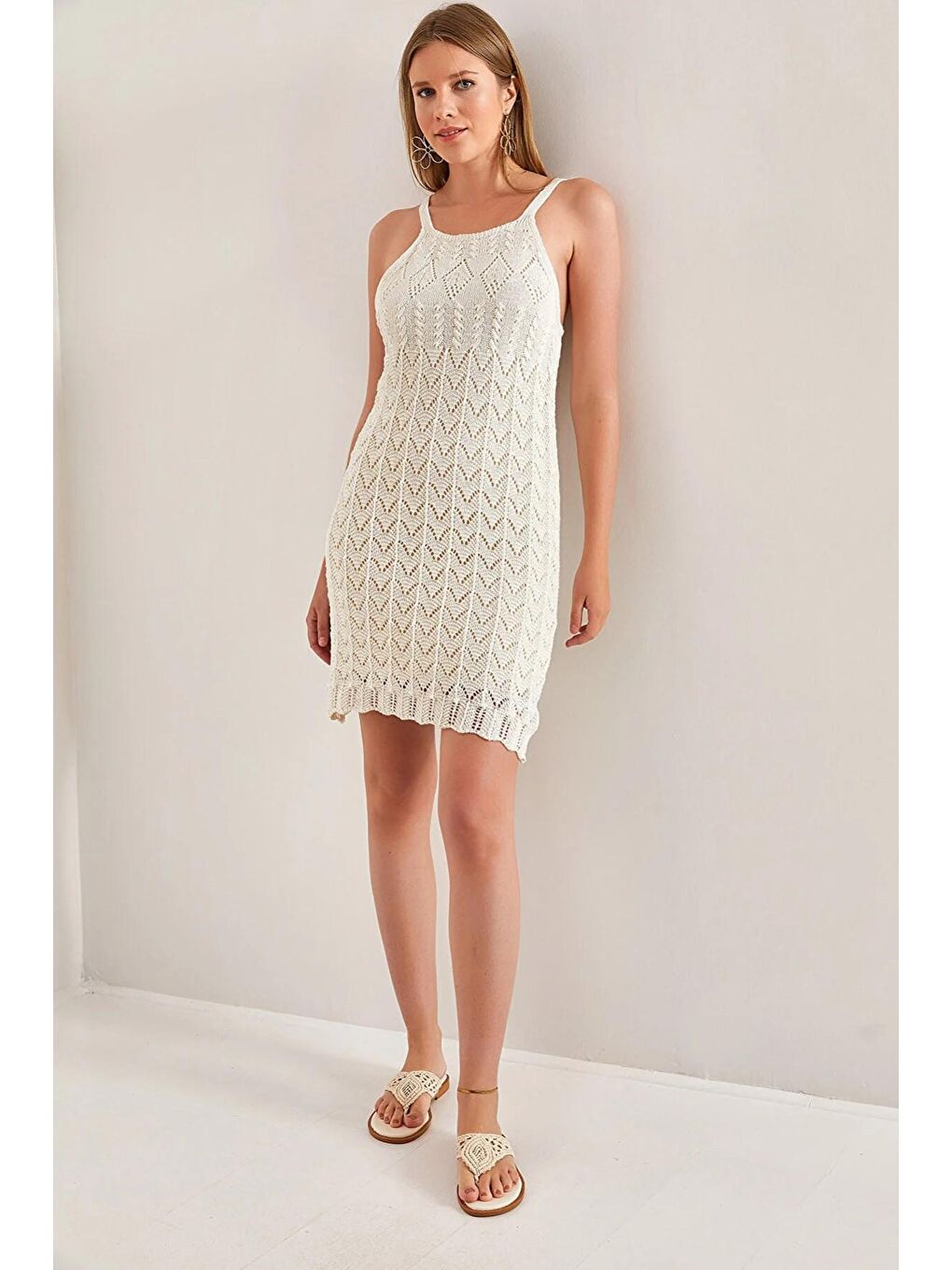 Ekru Kadın Askılı Desenli Triko Elbise