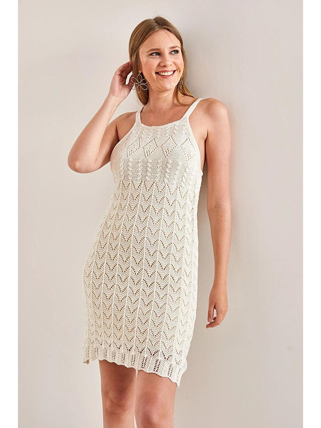 Ekru Kadın Askılı Desenli Triko Elbise-1