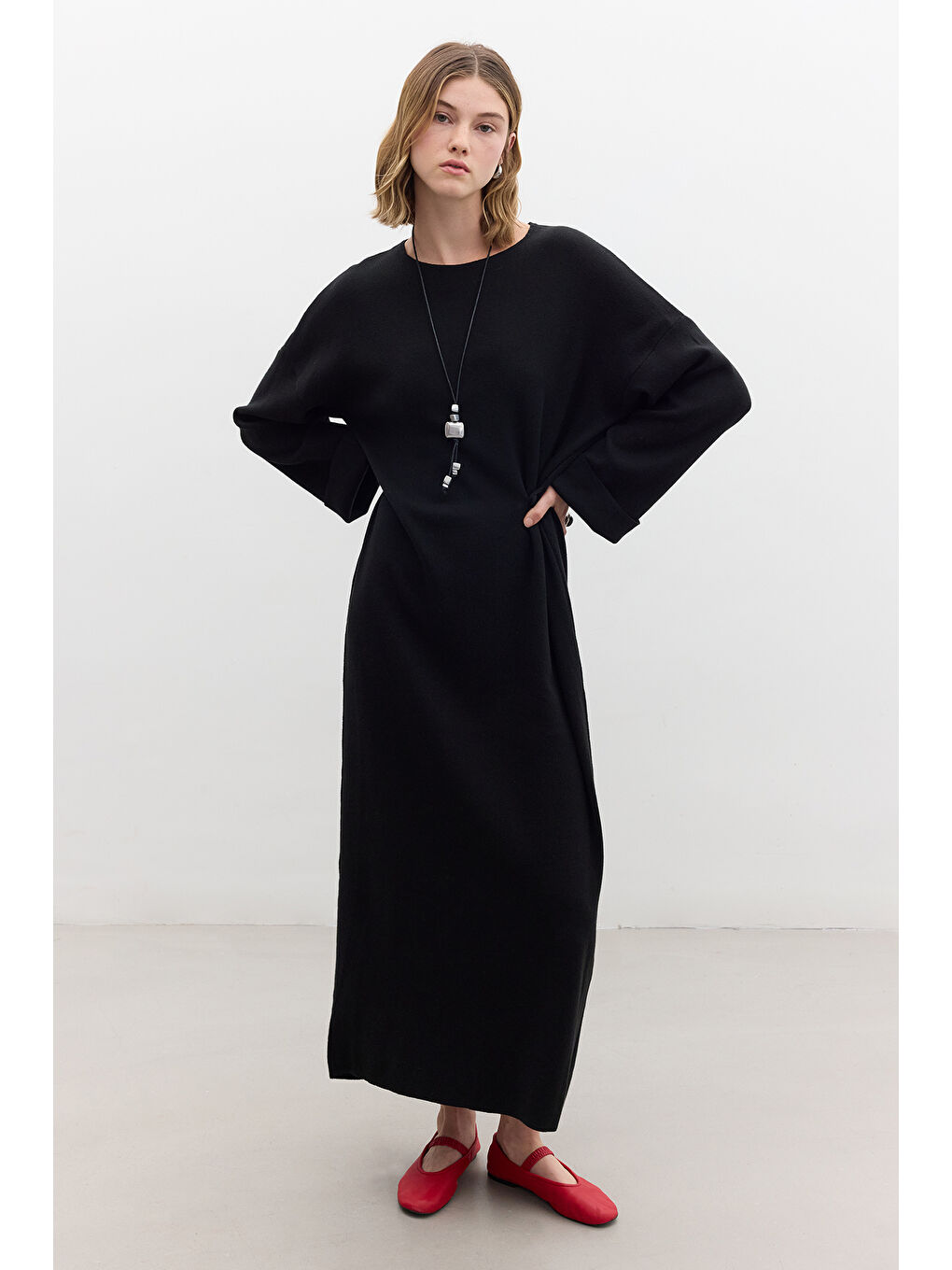 Triko Bağlamalı Elbise Siyah-1