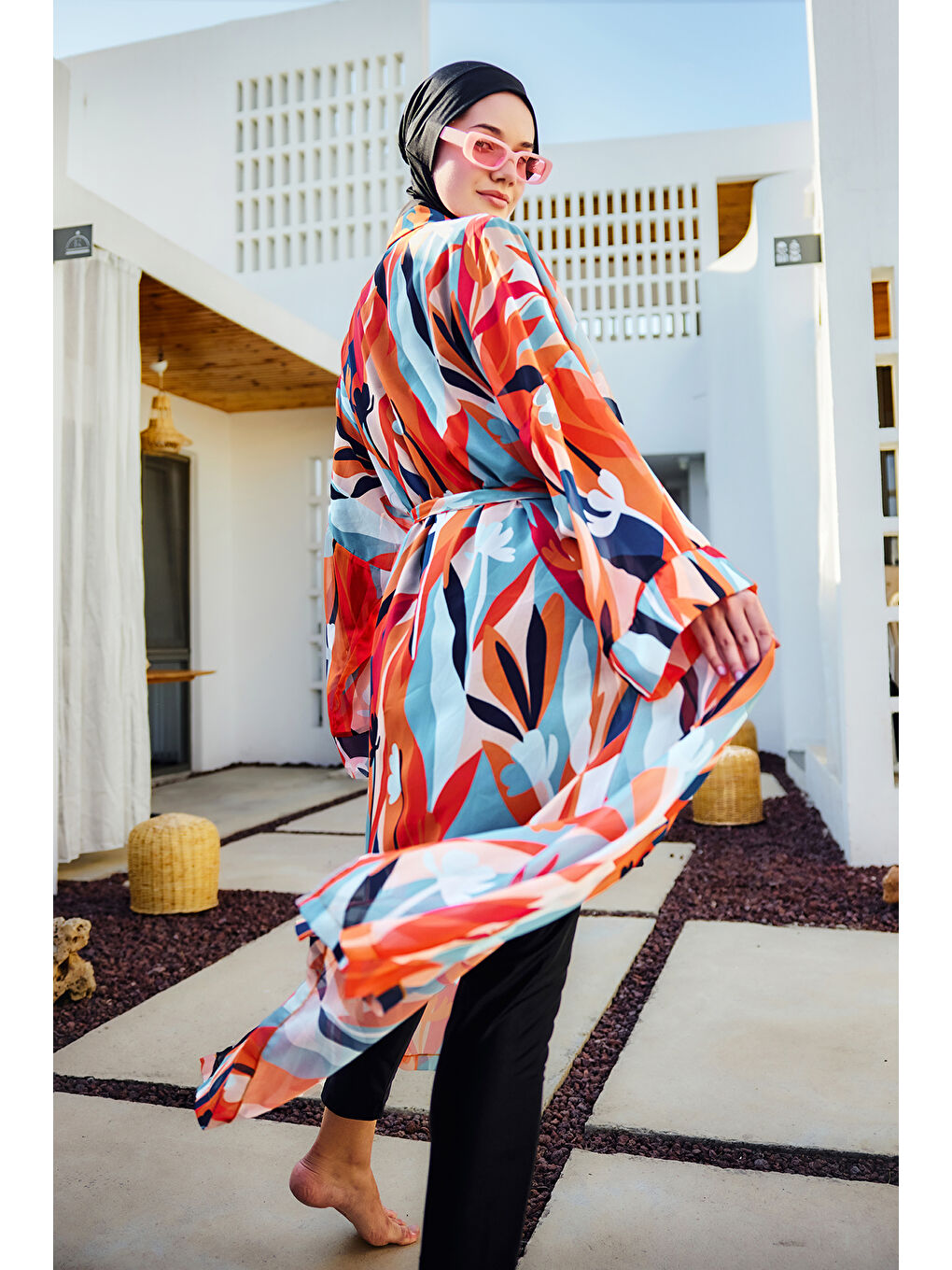 Remsa Tesettür Mayo Üzerine Tek Kaftan Kimono Pareo Turuncu RP027 Lotus-2