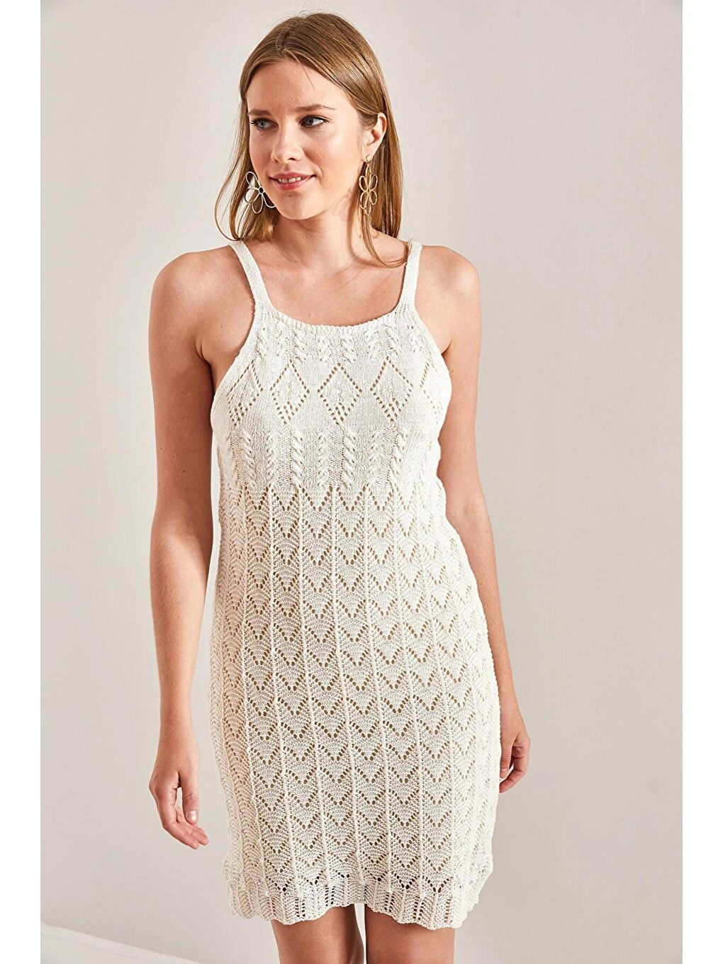 Ekru Kadın Askılı Desenli Triko Elbise-2