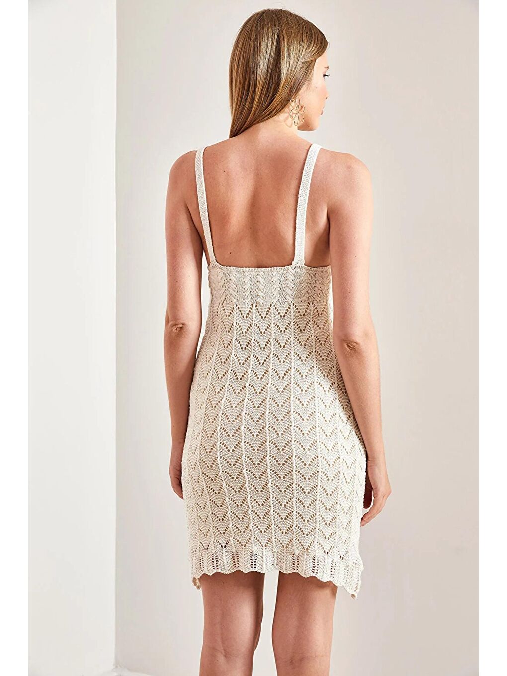 Ekru Kadın Askılı Desenli Triko Elbise-3