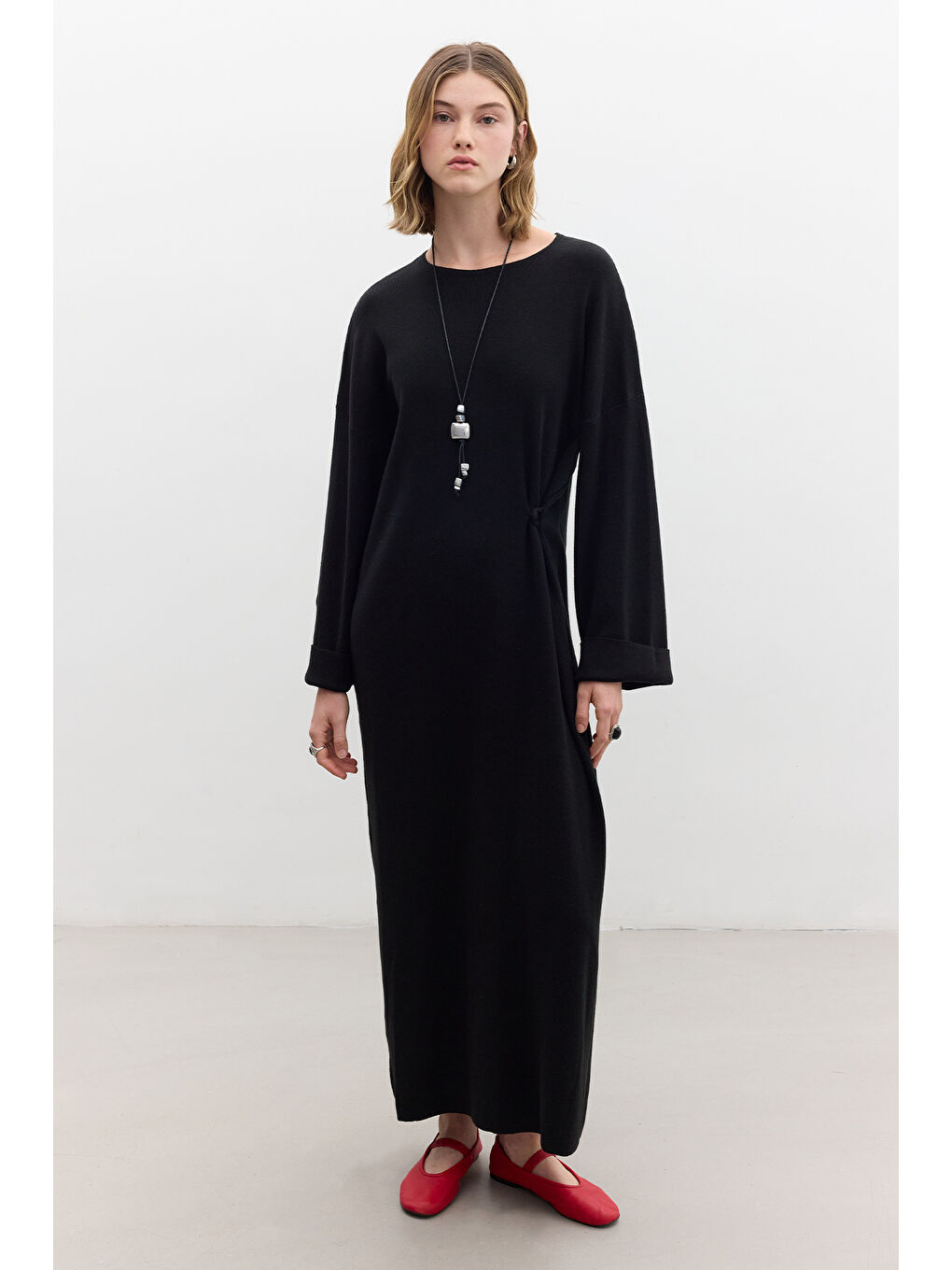 Triko Bağlamalı Elbise Siyah-2