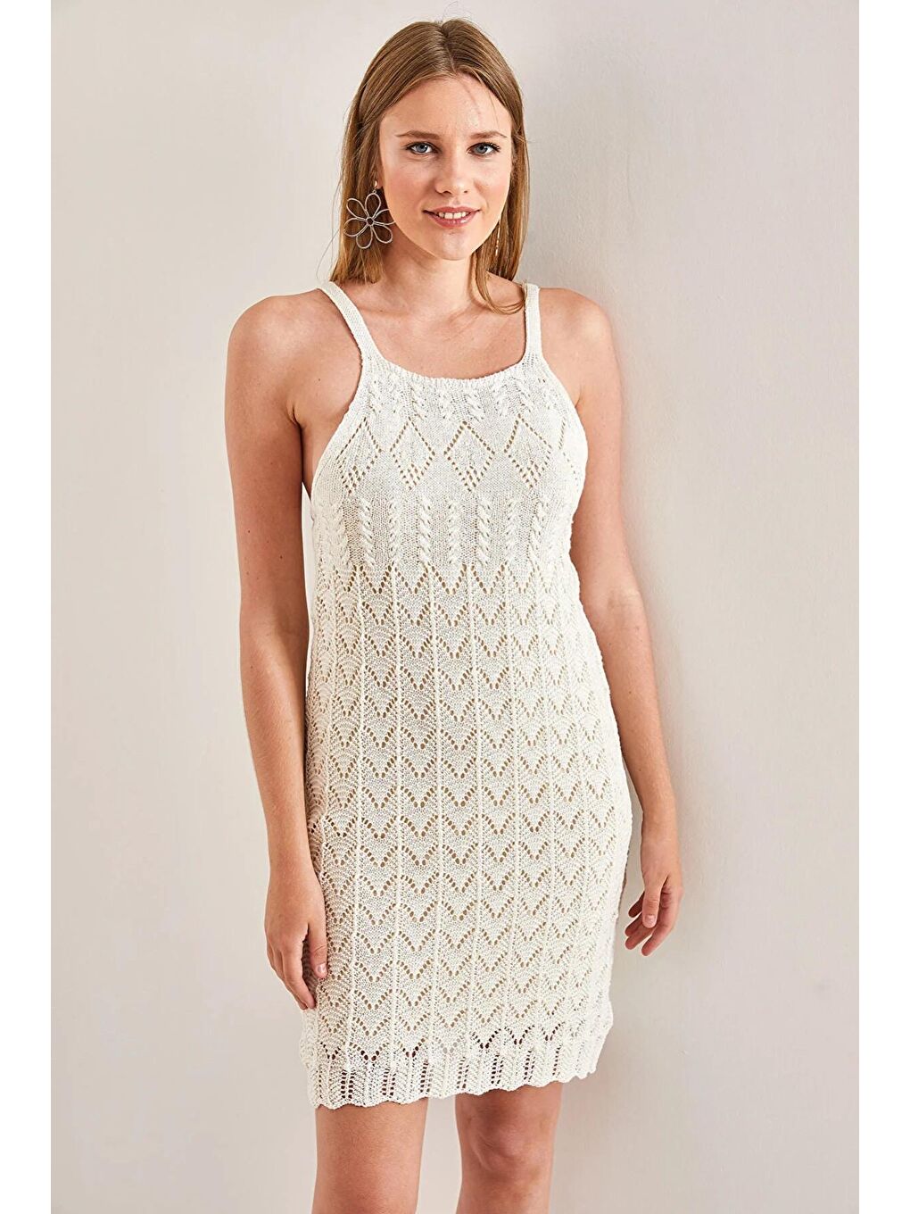 Ekru Kadın Askılı Desenli Triko Elbise-4