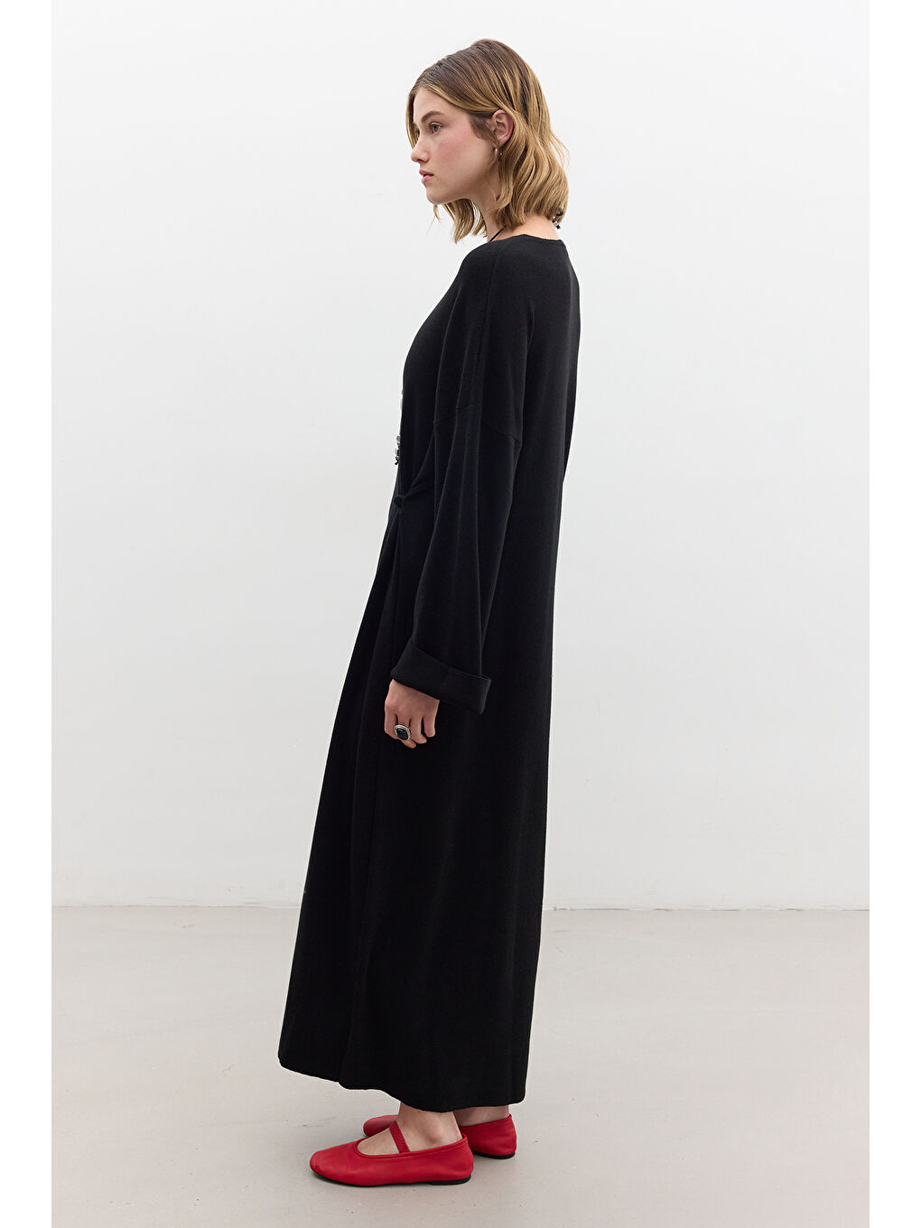 Triko Bağlamalı Elbise Siyah-3