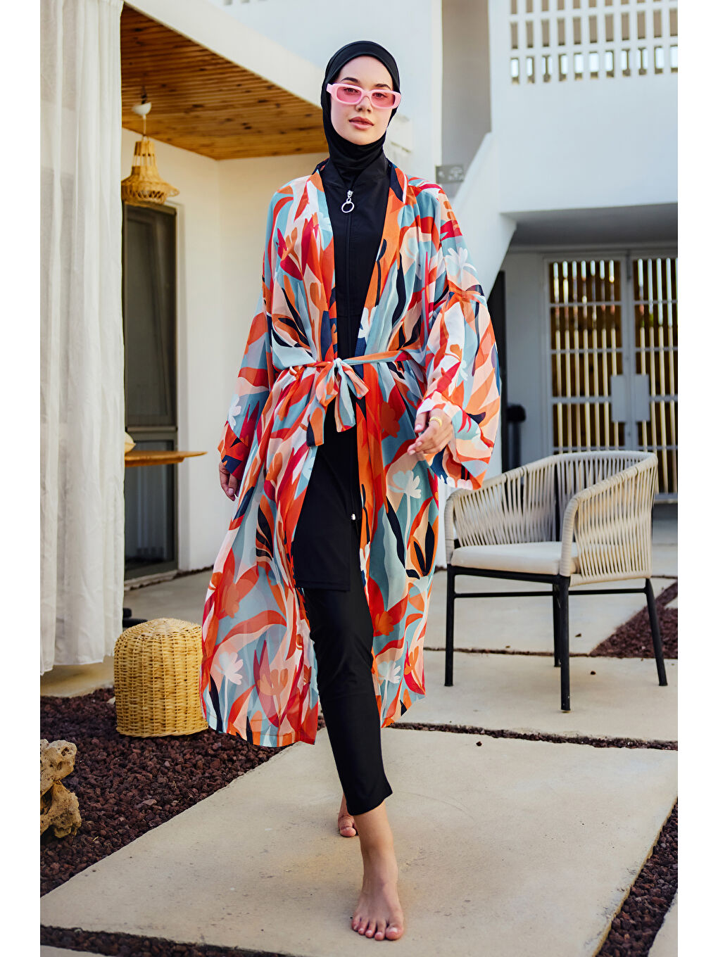 Remsa Tesettür Mayo Üzerine Tek Kaftan Kimono Pareo Turuncu RP027 Lotus-3