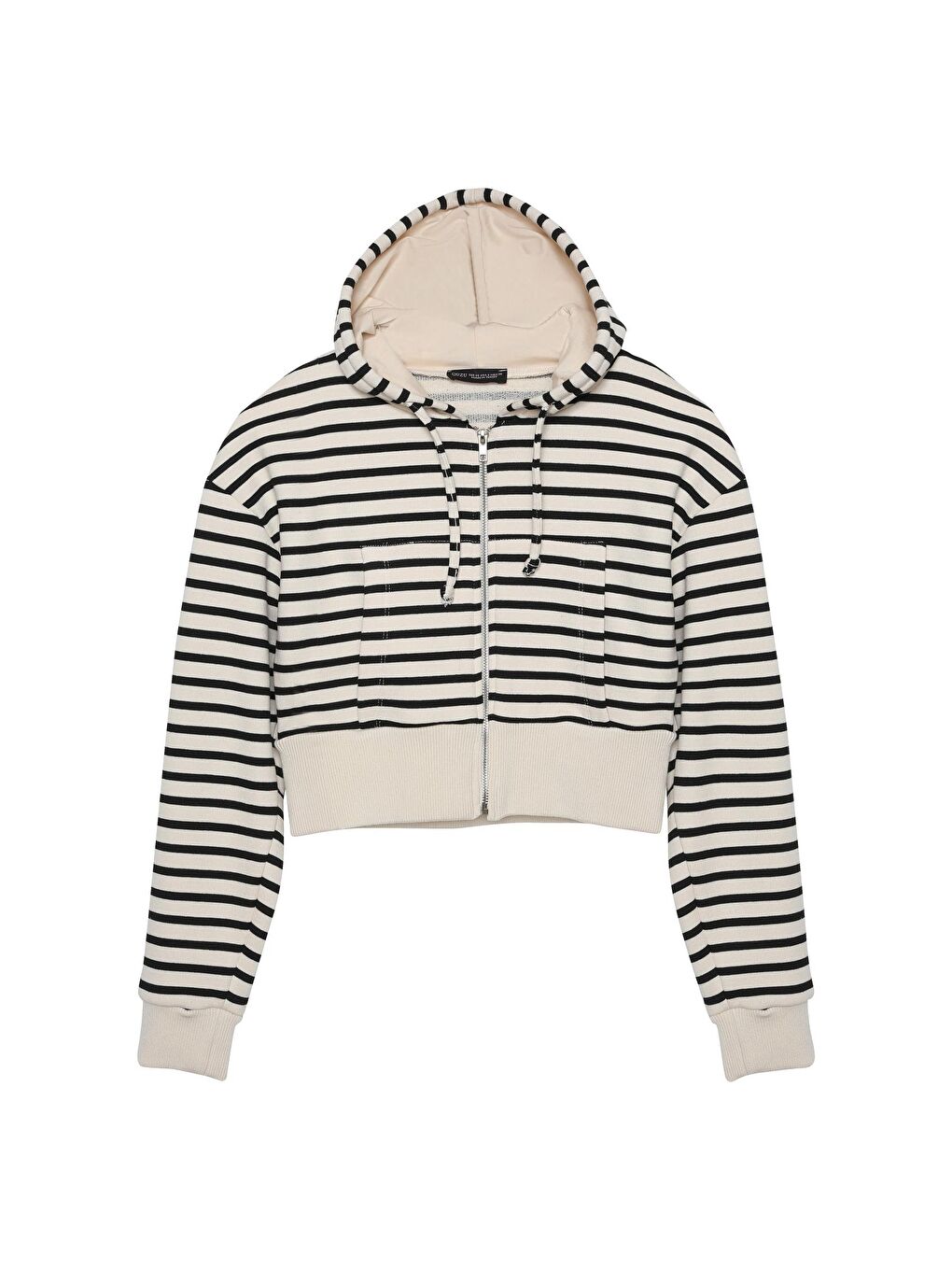 Bej Çizgi Detaylı Kapüşonlu Crop Fermuarlı Sweatshırt-1