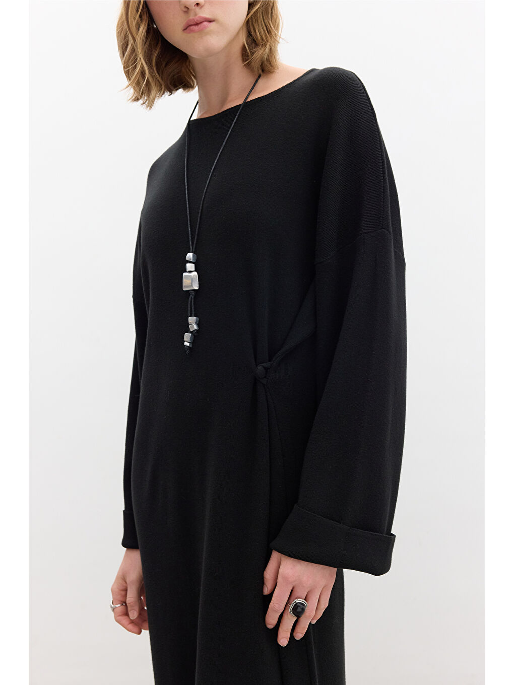 Triko Bağlamalı Elbise Siyah-4