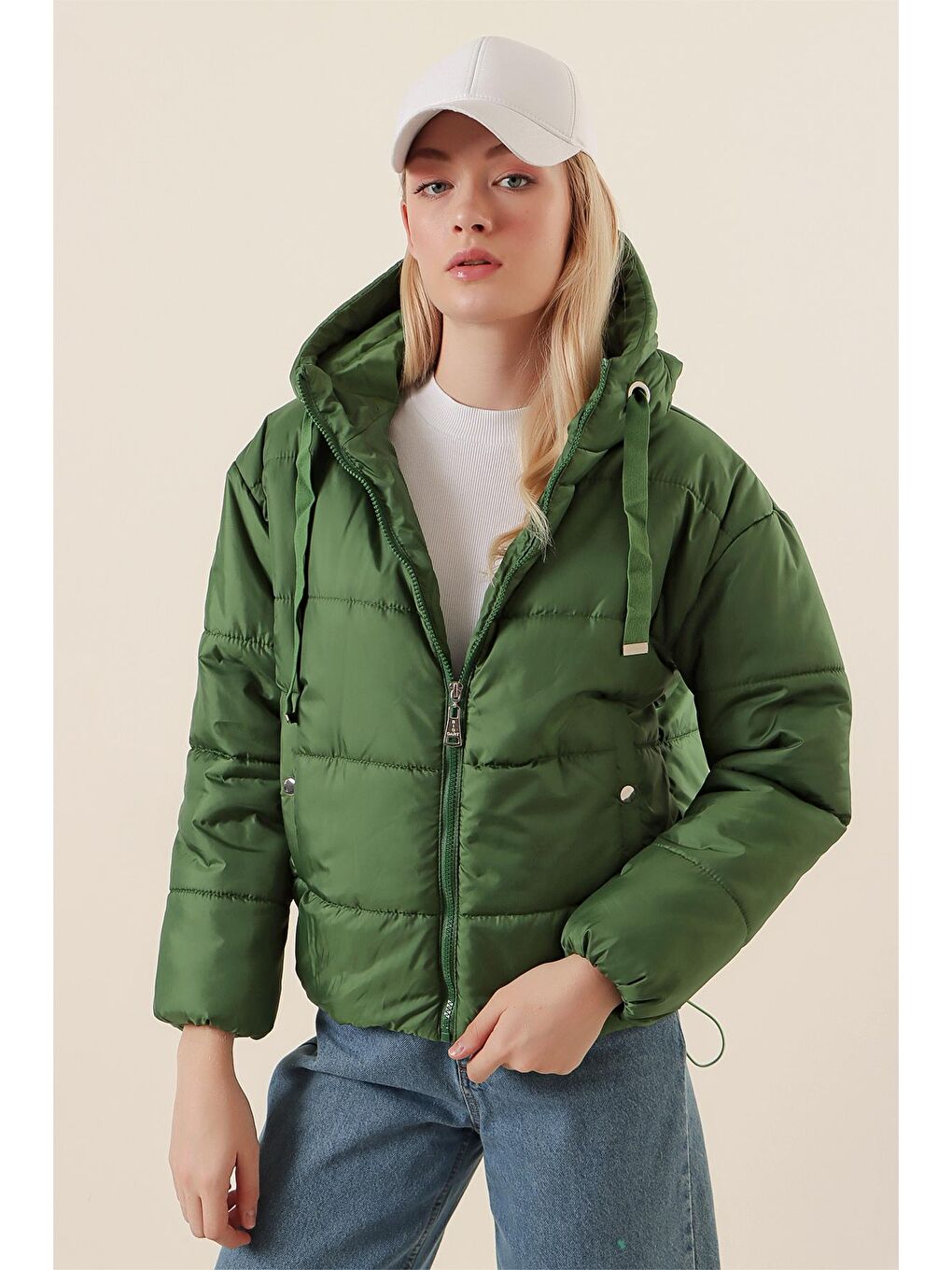 5117 Kapüşonlu Şişme Mont - Zümrüt Yeşili-4