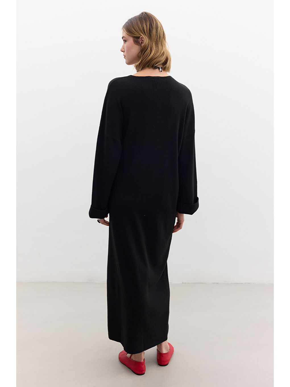 Triko Bağlamalı Elbise Siyah-5