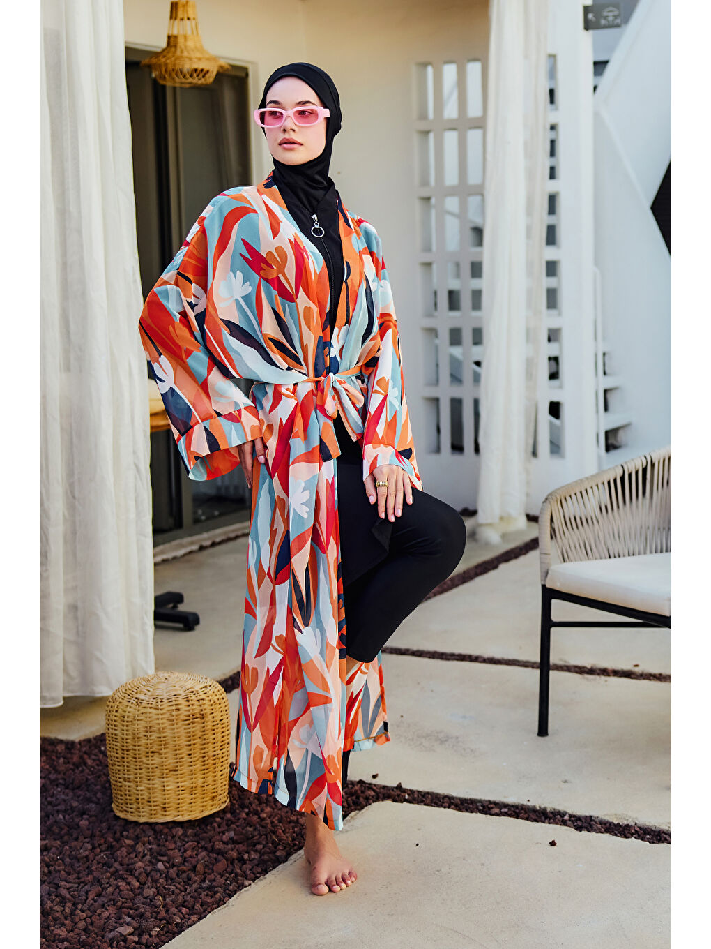 Remsa Tesettür Mayo Üzerine Tek Kaftan Kimono Pareo Turuncu RP027 Lotus-4