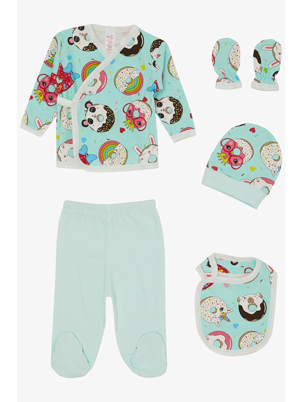 Turkuaz Kız Bebek Hastane Çıkışı 5 li Sevimli Donut Desenli Su Yeşili (0-3 Ay)
