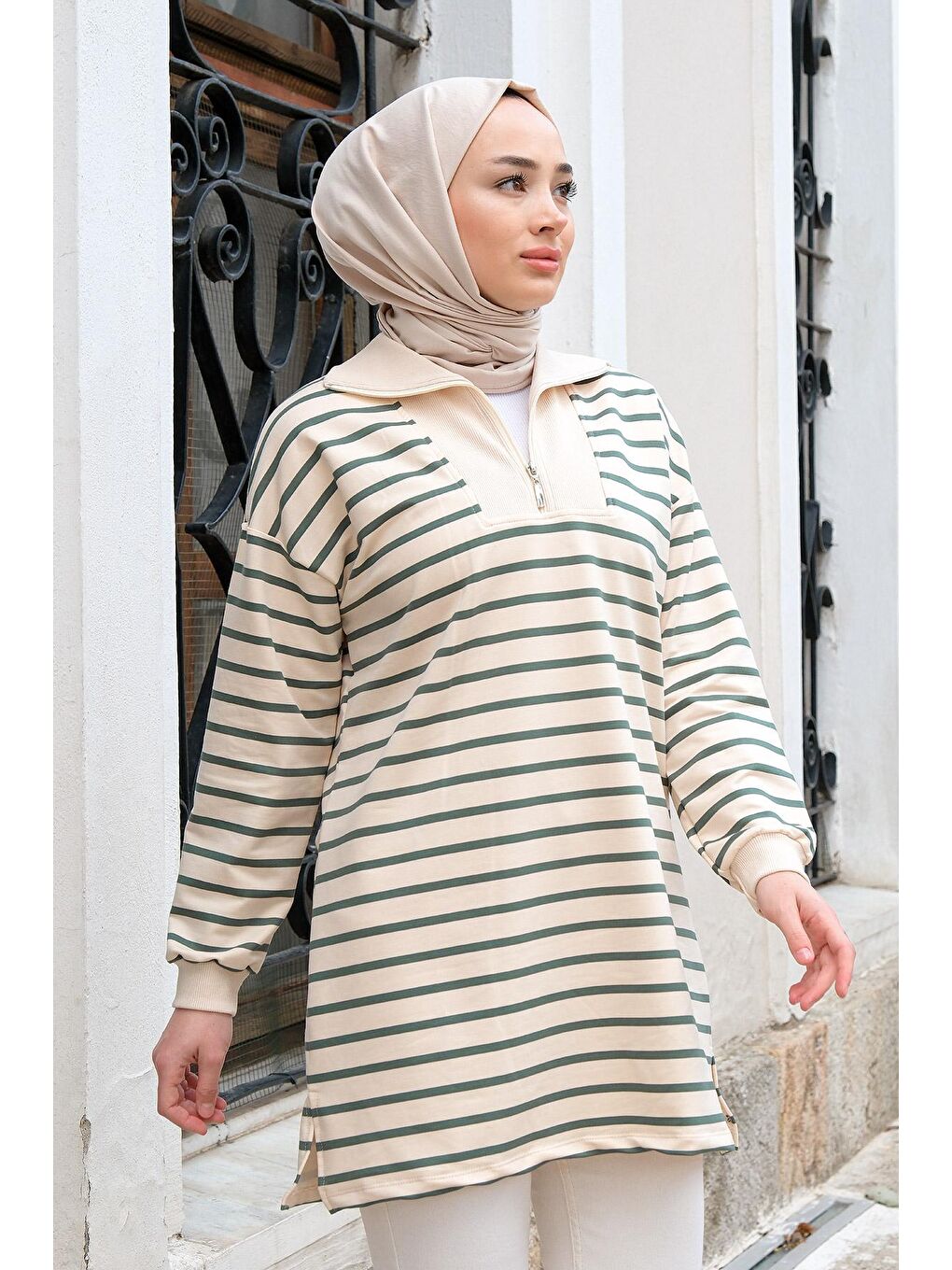 Önü Fermuarlı Çizgili Sweat Yeşil-3