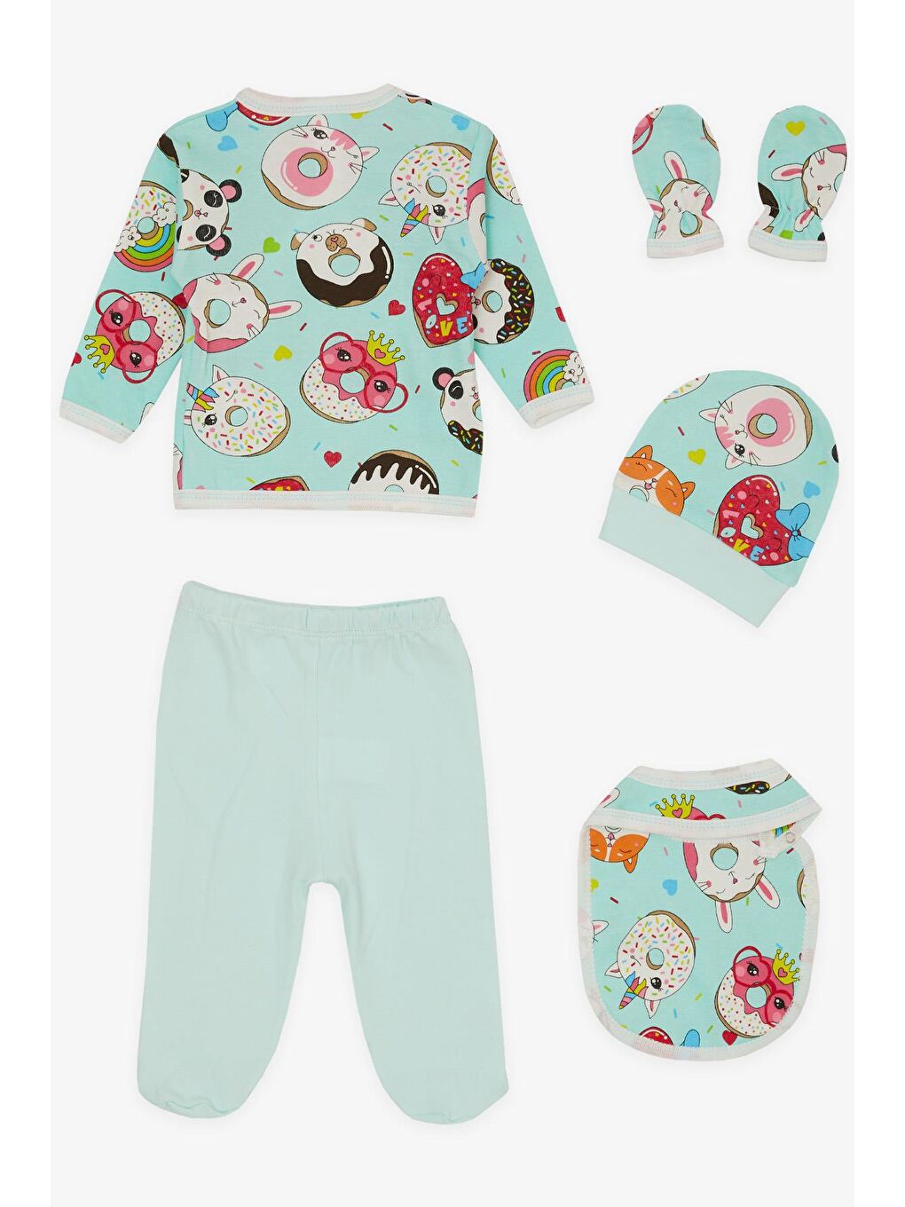 Turkuaz Kız Bebek Hastane Çıkışı 5 li Sevimli Donut Desenli Su Yeşili (0-3 Ay)-1