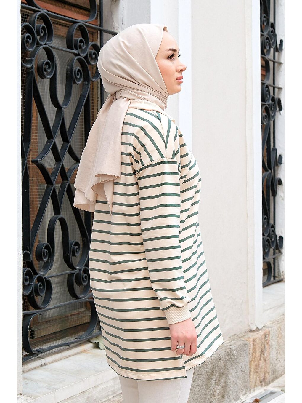 Önü Fermuarlı Çizgili Sweat Yeşil-4