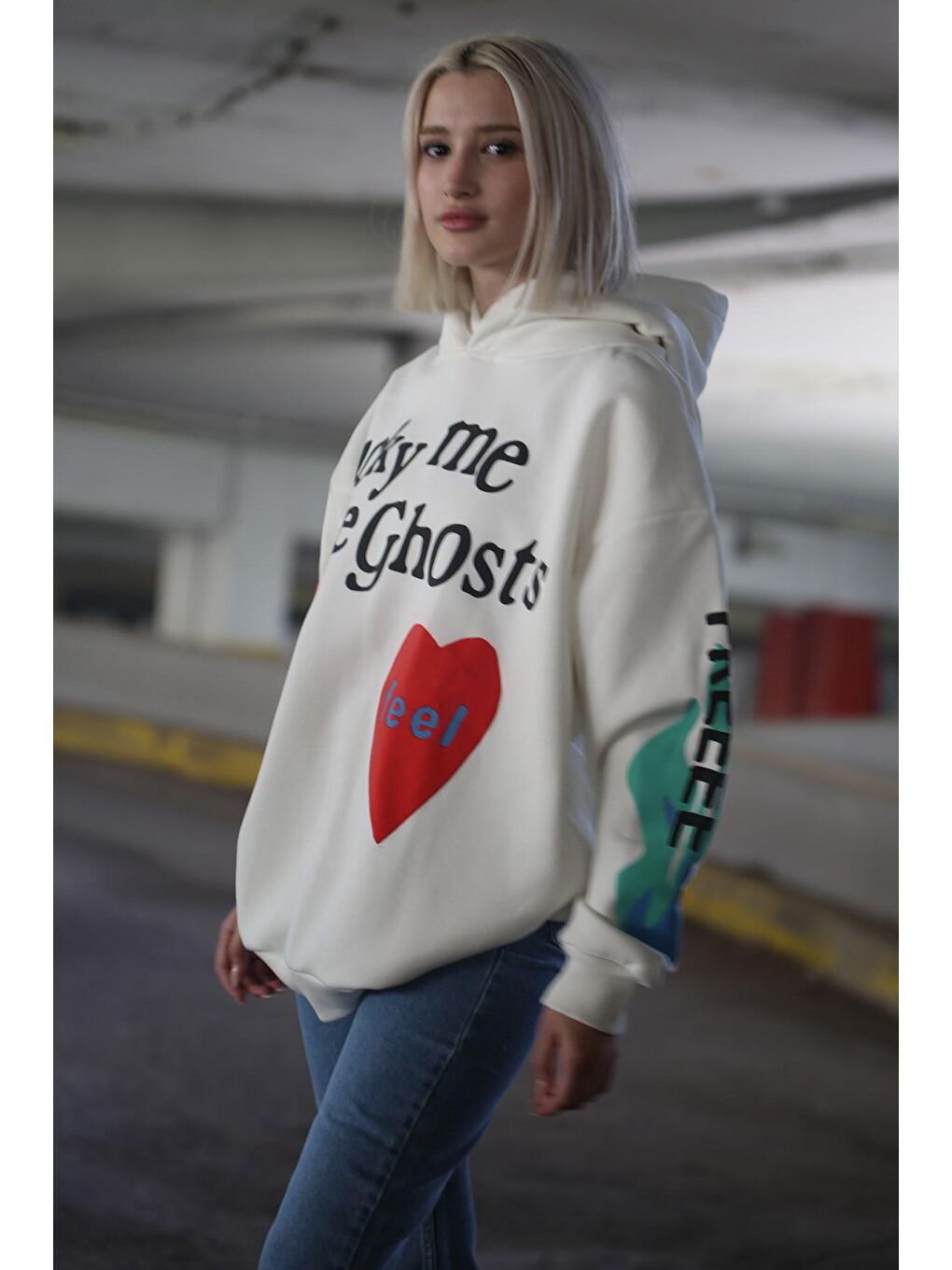 Madmext Beyaz Kapşonlu Oversize Sweatshirt MG903 - 1