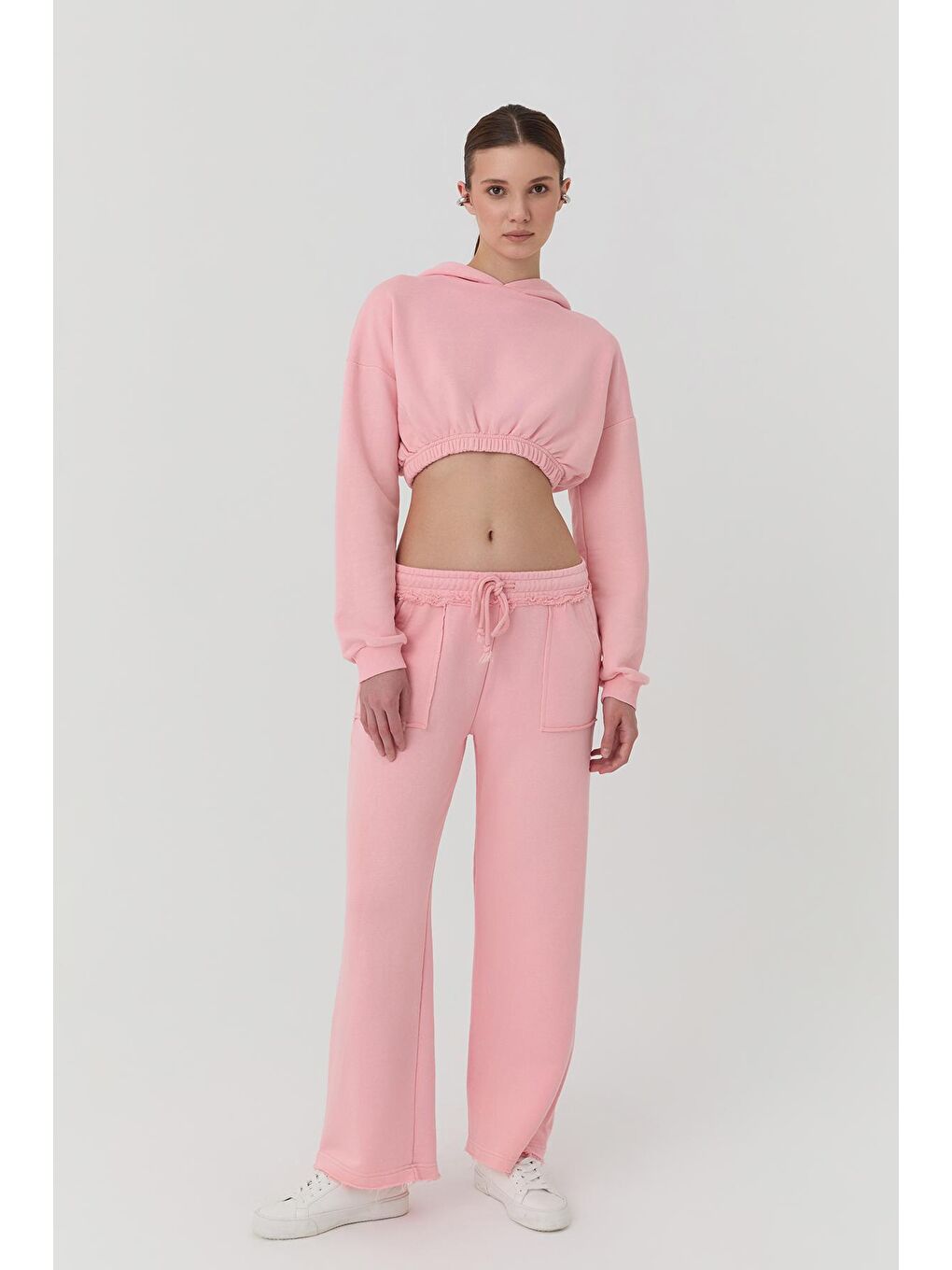 QUZU Pembe Kapüşonlu Crop Sweatshirt Pembe - 2