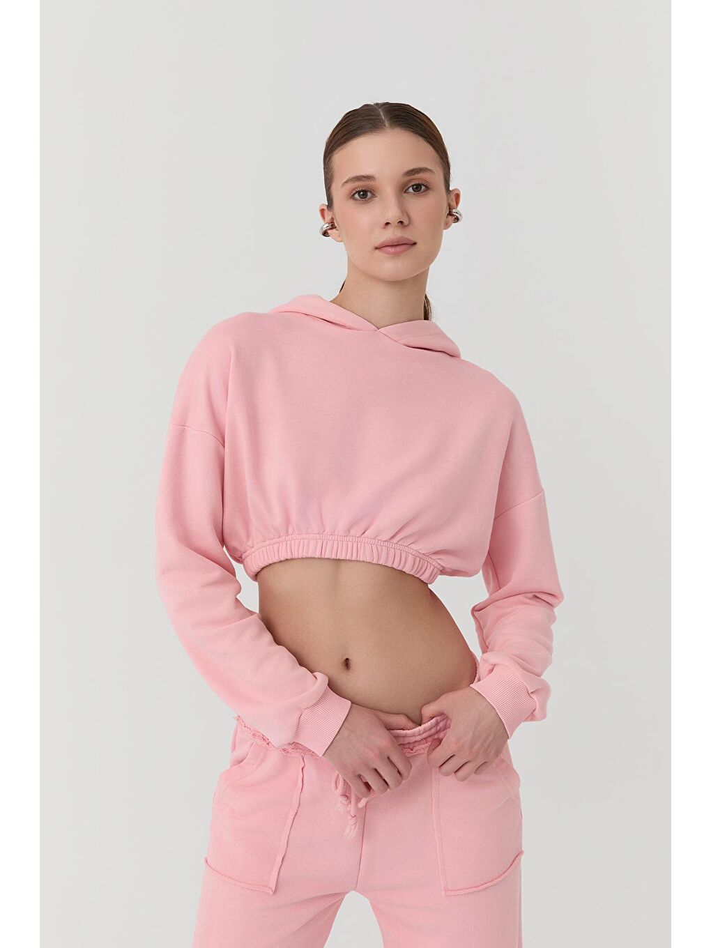 QUZU Pembe Kapüşonlu Crop Sweatshirt Pembe - 3