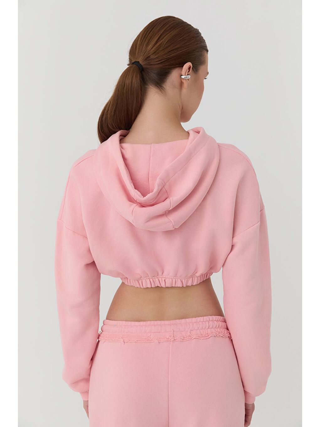 QUZU Pembe Kapüşonlu Crop Sweatshirt Pembe - 4