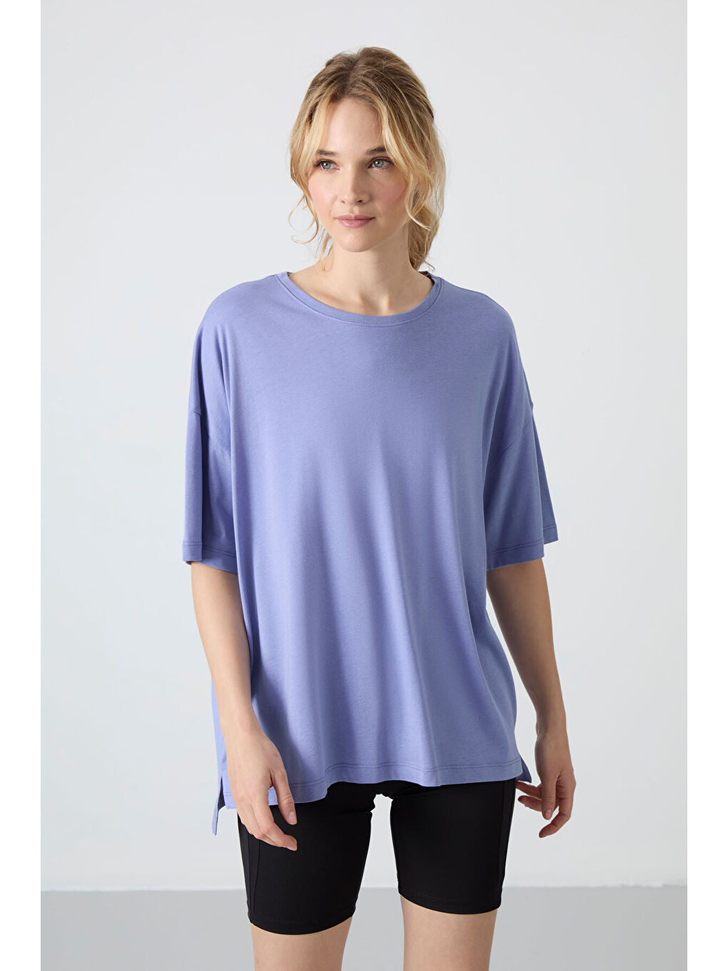 Mor Açık Eflatun Penye Modal Yumuşak Tuşeli Oversize Fit Basic Kadın Tişört- 97285