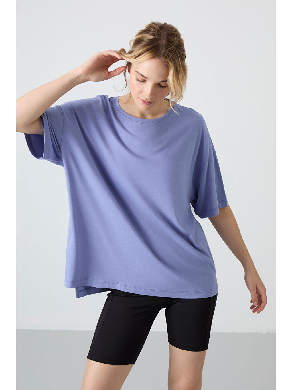 Mor Açık Eflatun Penye Modal Yumuşak Tuşeli Oversize Fit Basic Kadın Tişört- 97285-4