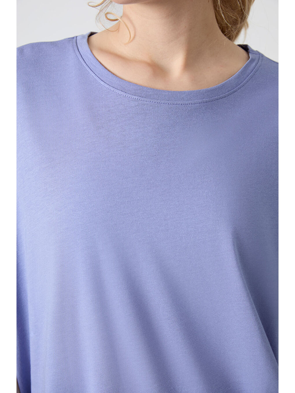 Mor Açık Eflatun Penye Modal Yumuşak Tuşeli Oversize Fit Basic Kadın Tişört- 97285-6