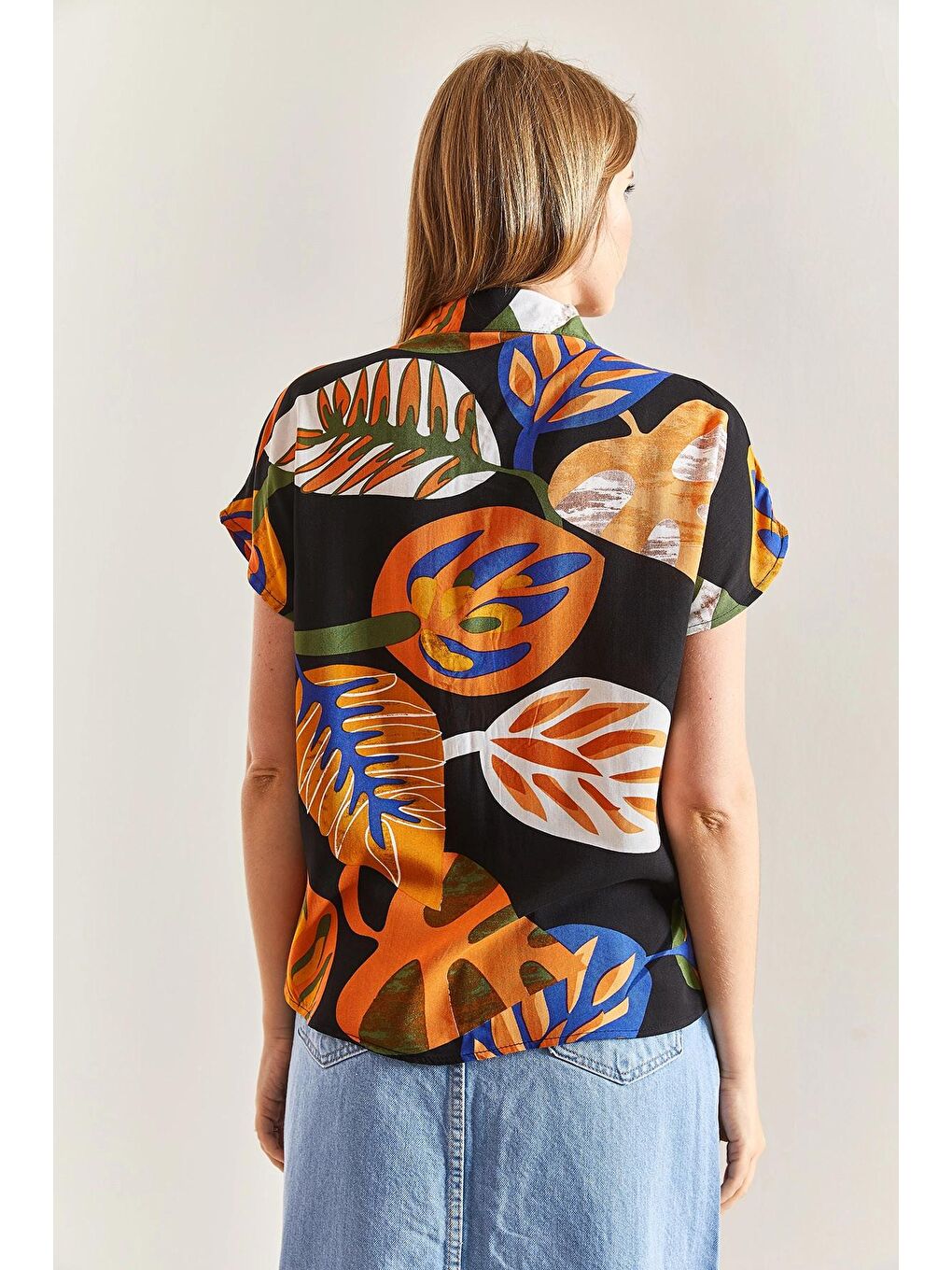 Turuncu Kadın Kısa Kol Desenli Viskon Gömlek-1