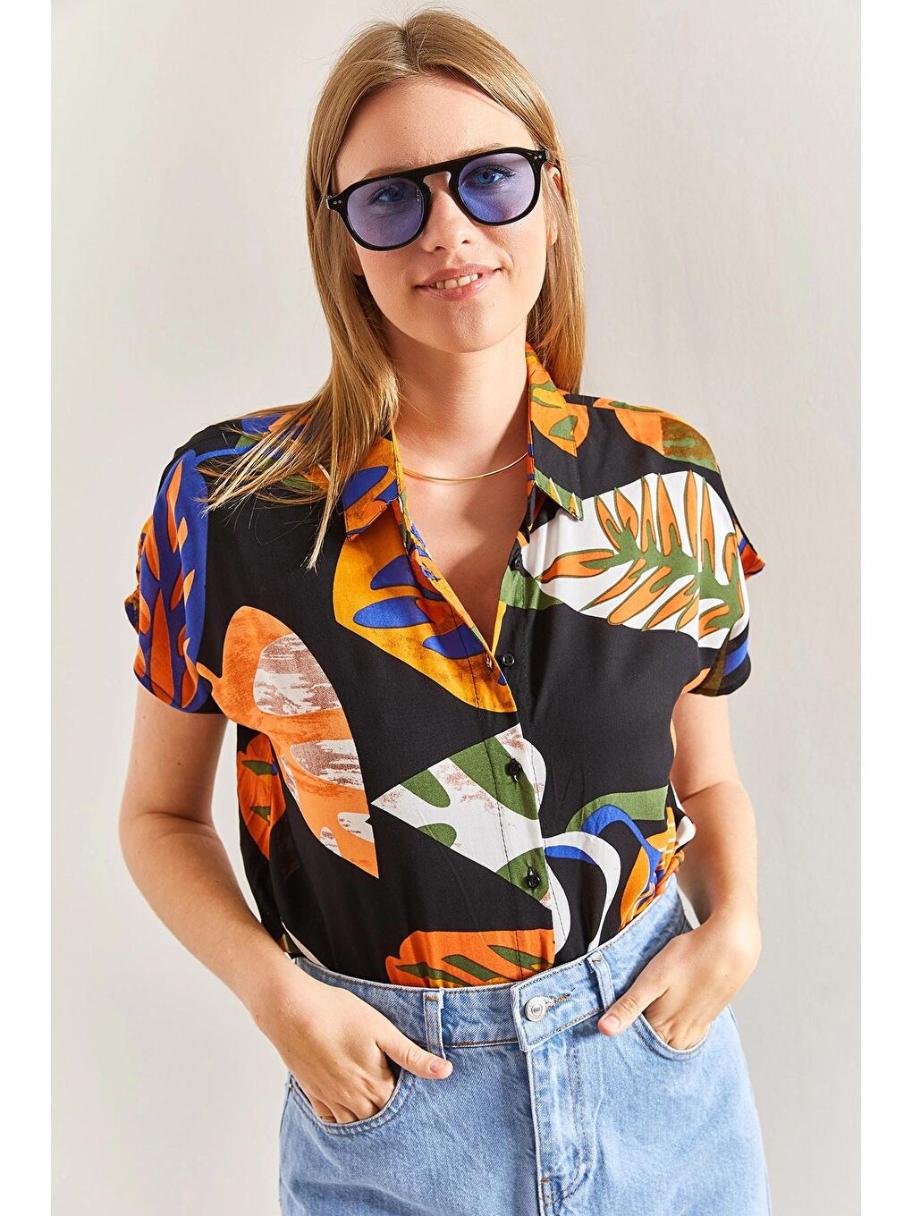 Turuncu Kadın Kısa Kol Desenli Viskon Gömlek-2