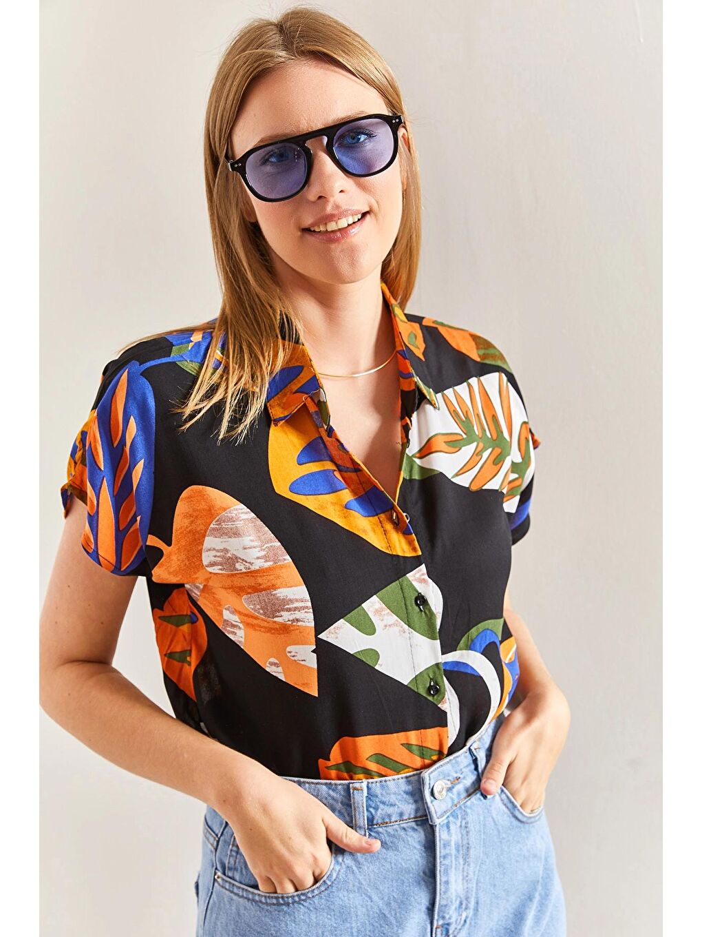 Turuncu Kadın Kısa Kol Desenli Viskon Gömlek-3