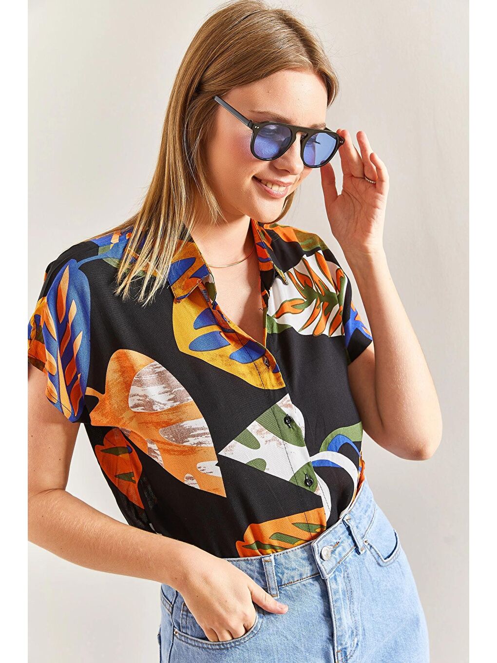 Turuncu Kadın Kısa Kol Desenli Viskon Gömlek-4