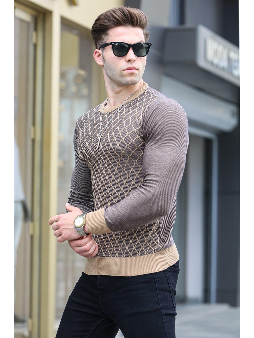 Bej Camel Baklava Desenli Kazak 5190