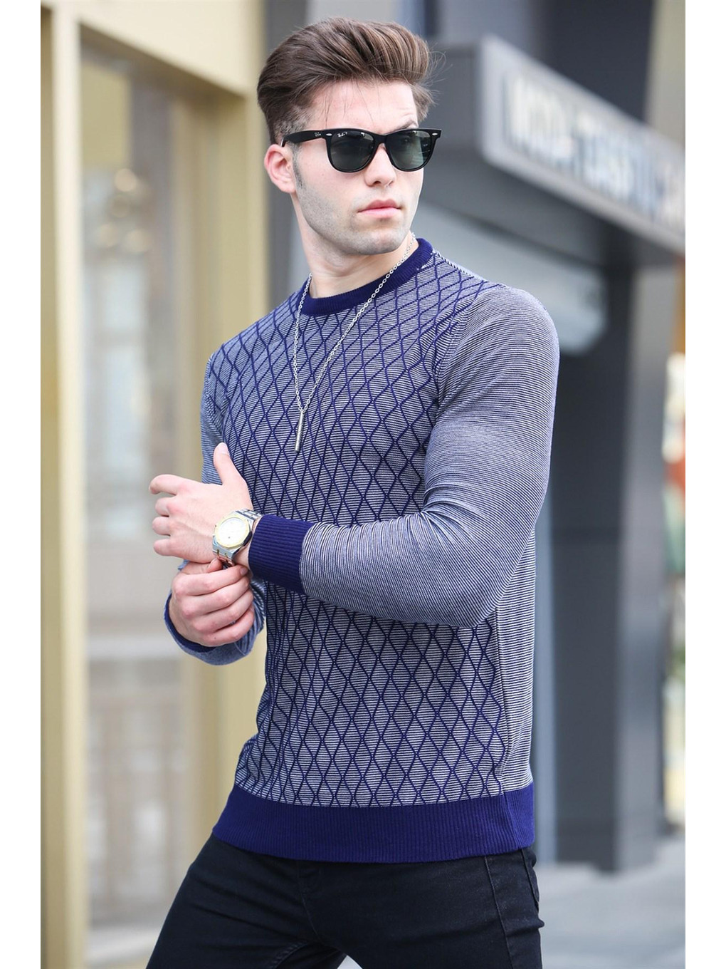 Lacivert Baklava Desenli Kazak 5190