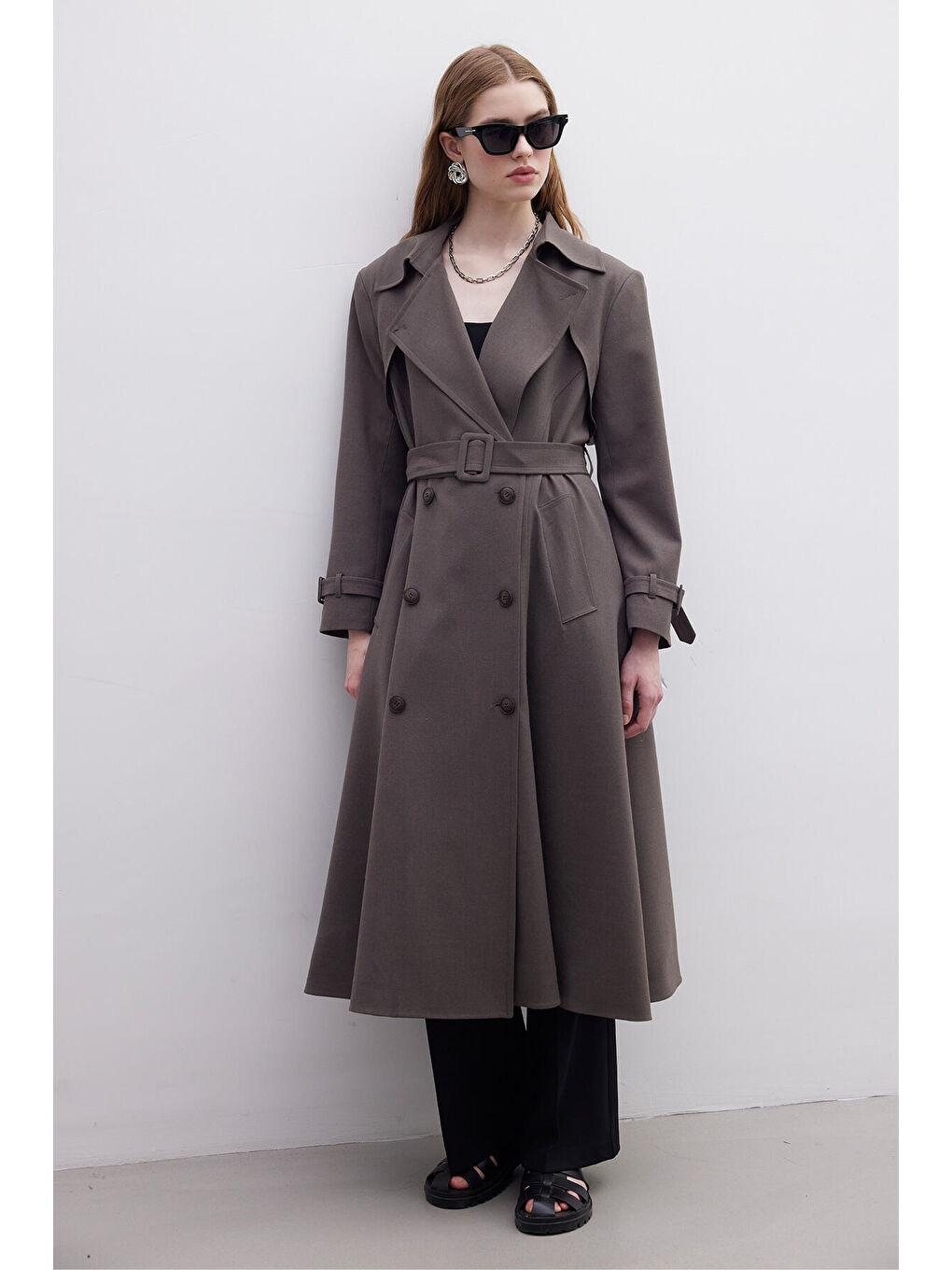 Bej Parıs Oversize Kruvaze Trençkot Vizon